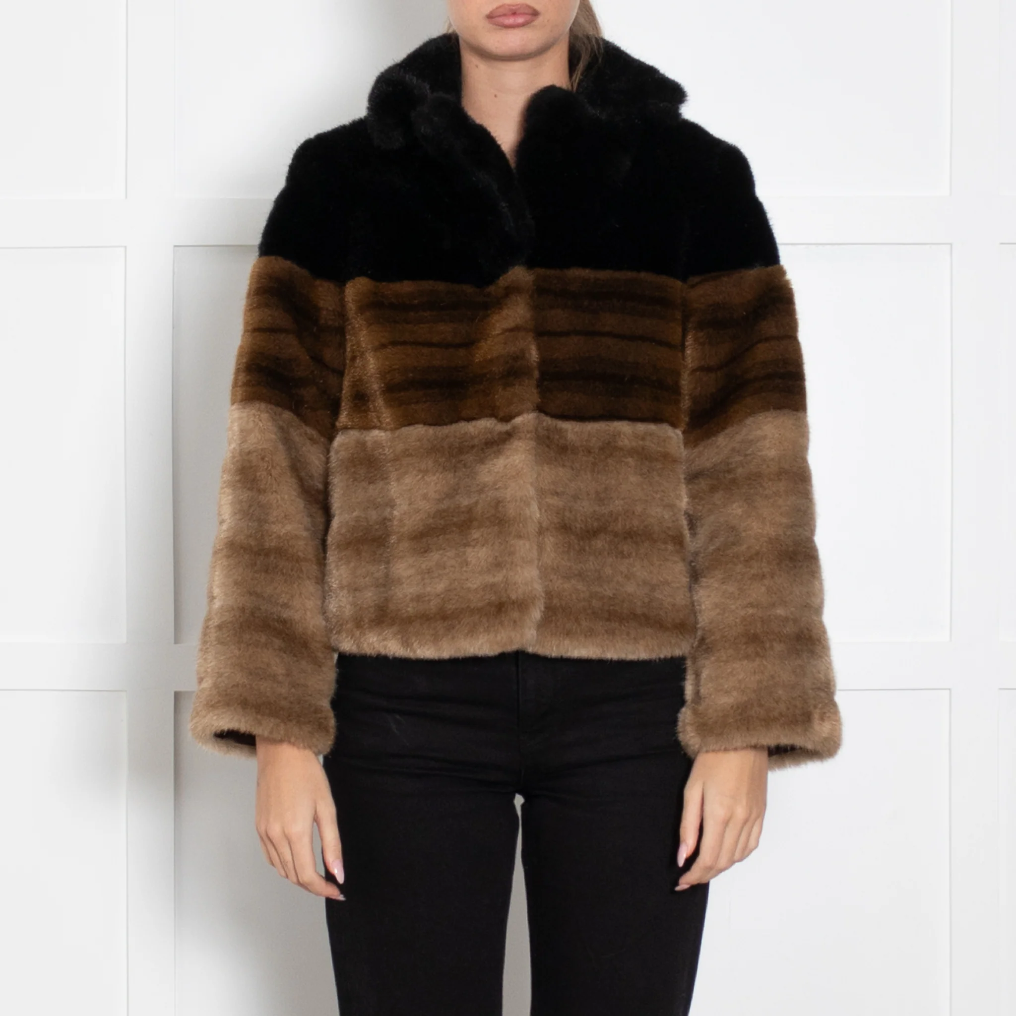 Maliparmi Black Dark Brown Light Brown Short Faux Fur Jacket - Image 2