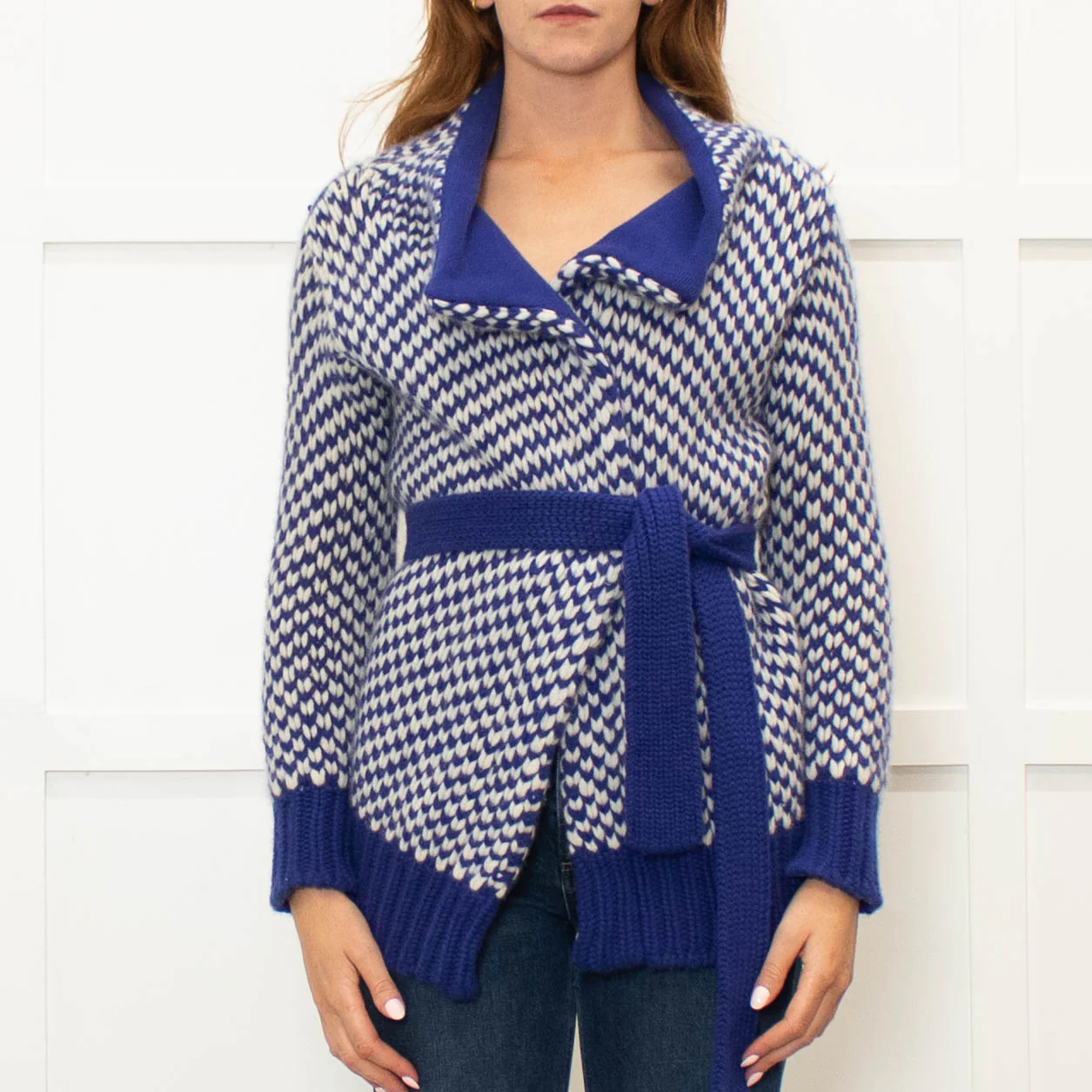 Malo Blue White Chunky Knit Cashmere Belted Cardigan - Image 2