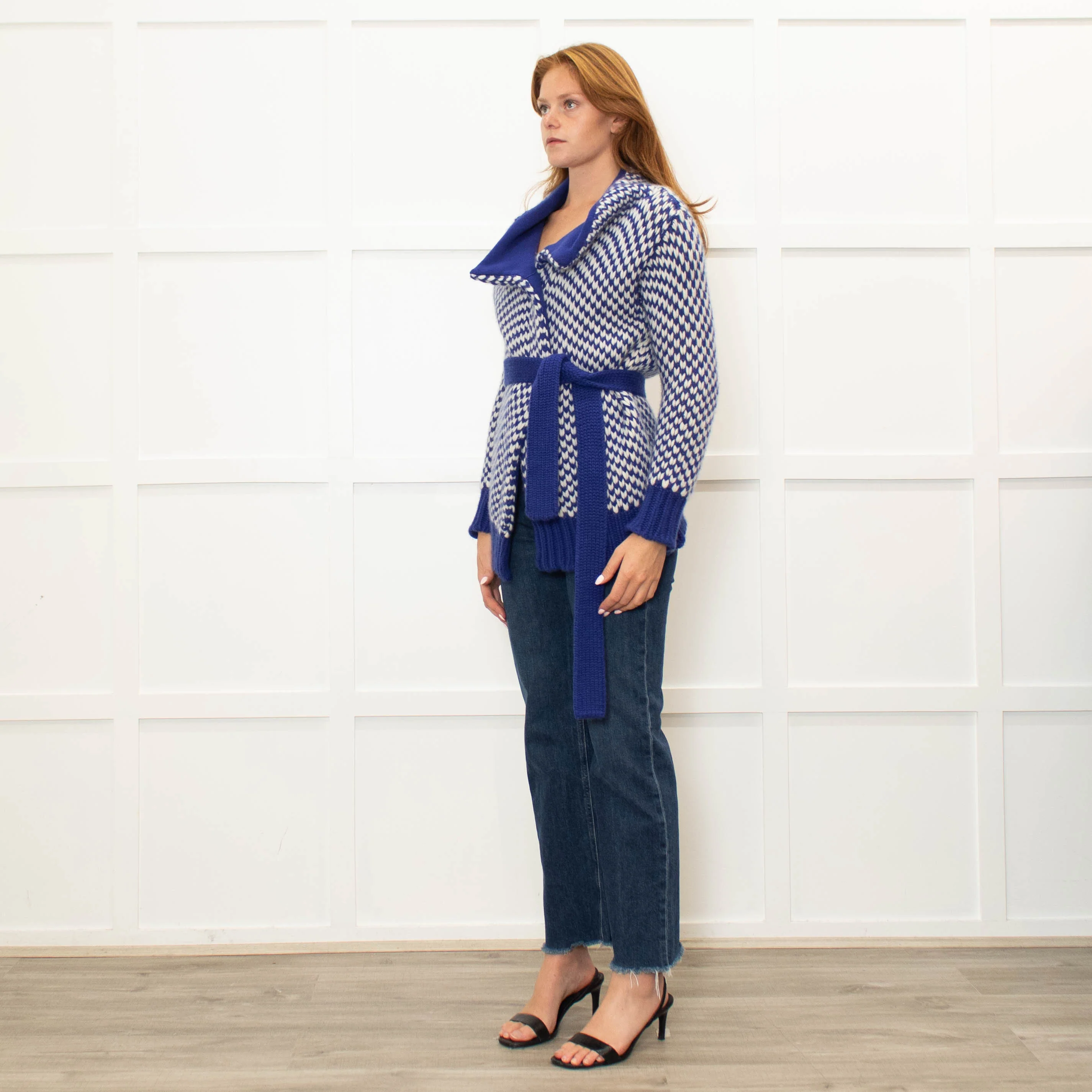 Malo Blue White Chunky Knit Cashmere Belted Cardigan - Image 3