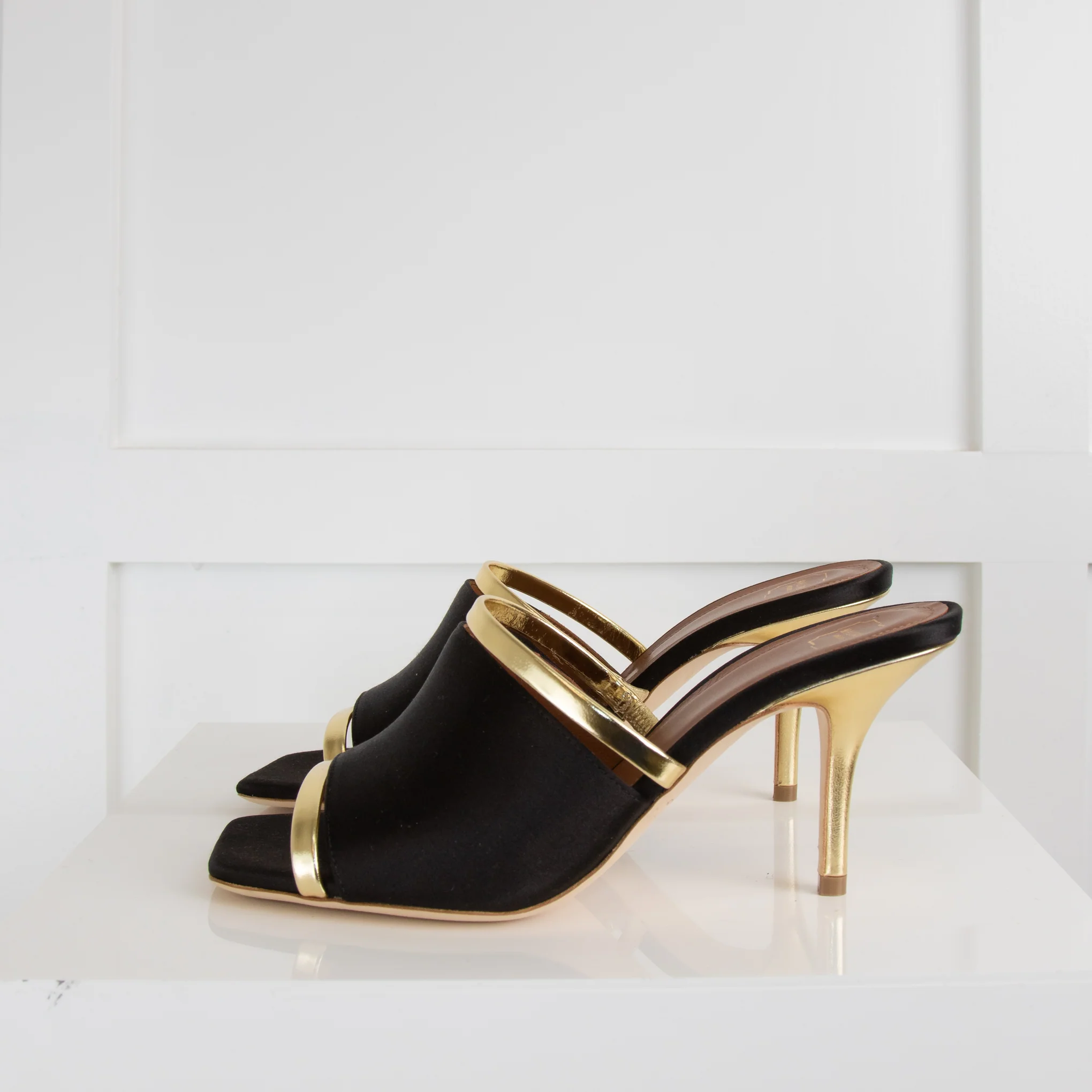 Malone Souliers Black Gold Fabric Square Toe Mules - Image 3