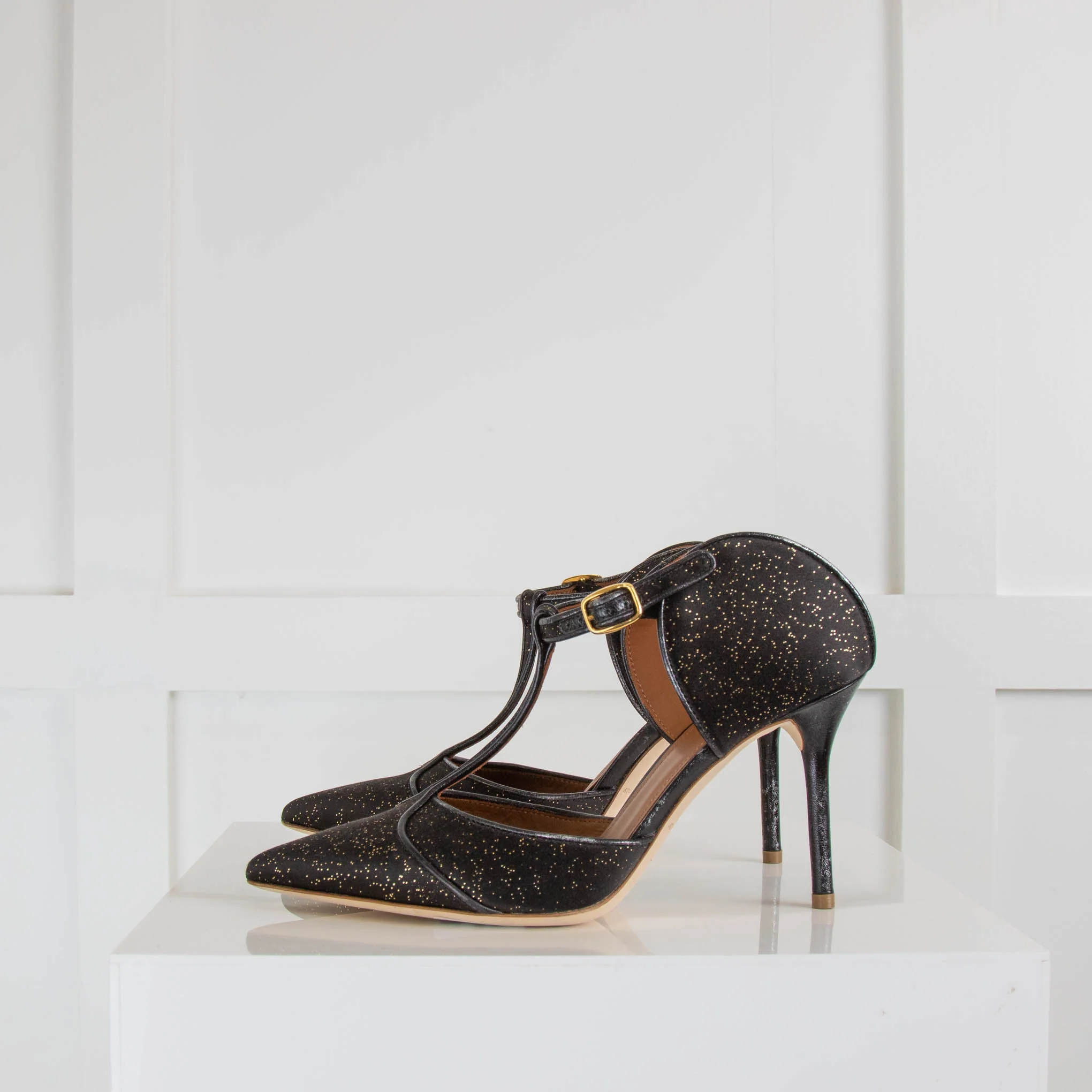 Malone Souliers Black Gold Fleck Pointy Satin Heeled Mules - Image 3
