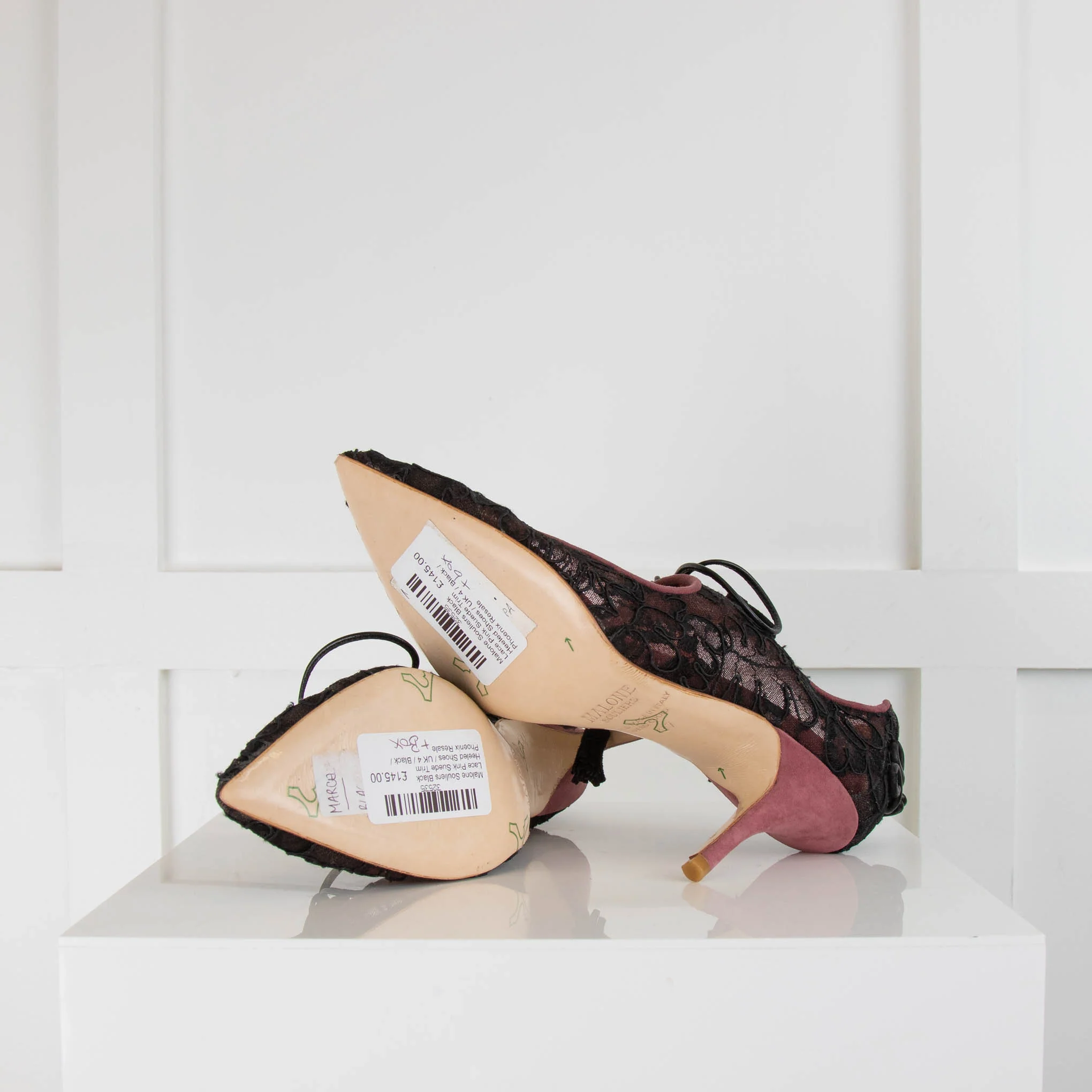 Malone Souliers Black Lace Pink Suede Trim Heeled Shoes - Image 5