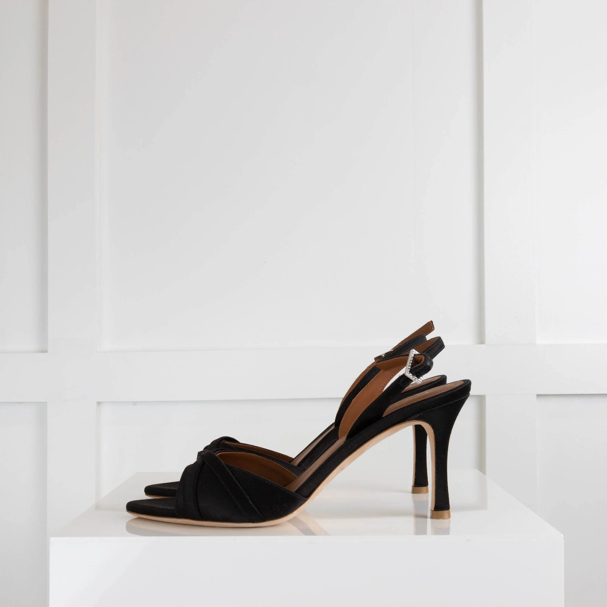 Malone Souliers Black Satin Open Toe Crystal Clasp Heels - Image 3