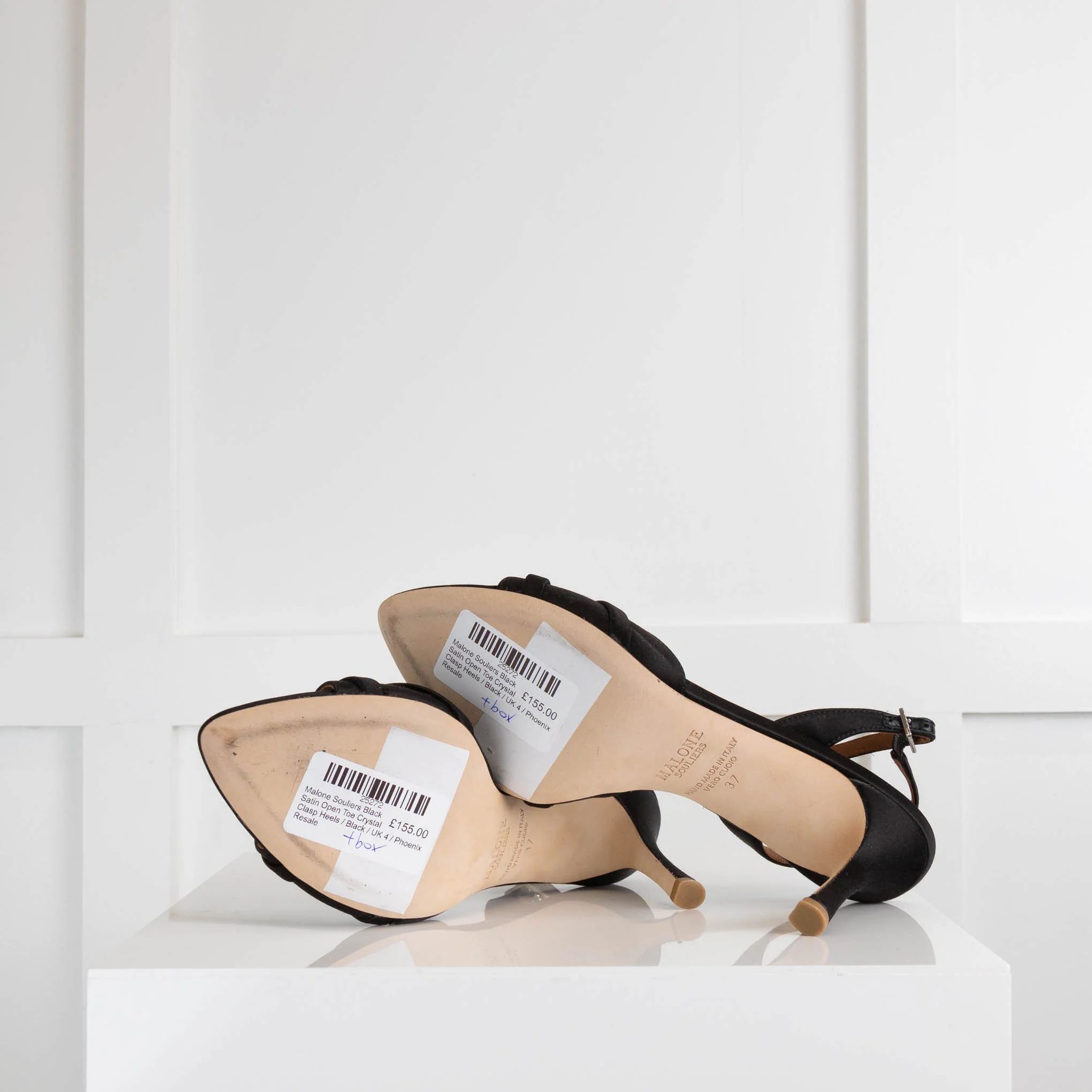 Malone Souliers Black Satin Open Toe Crystal Clasp Heels - Image 5