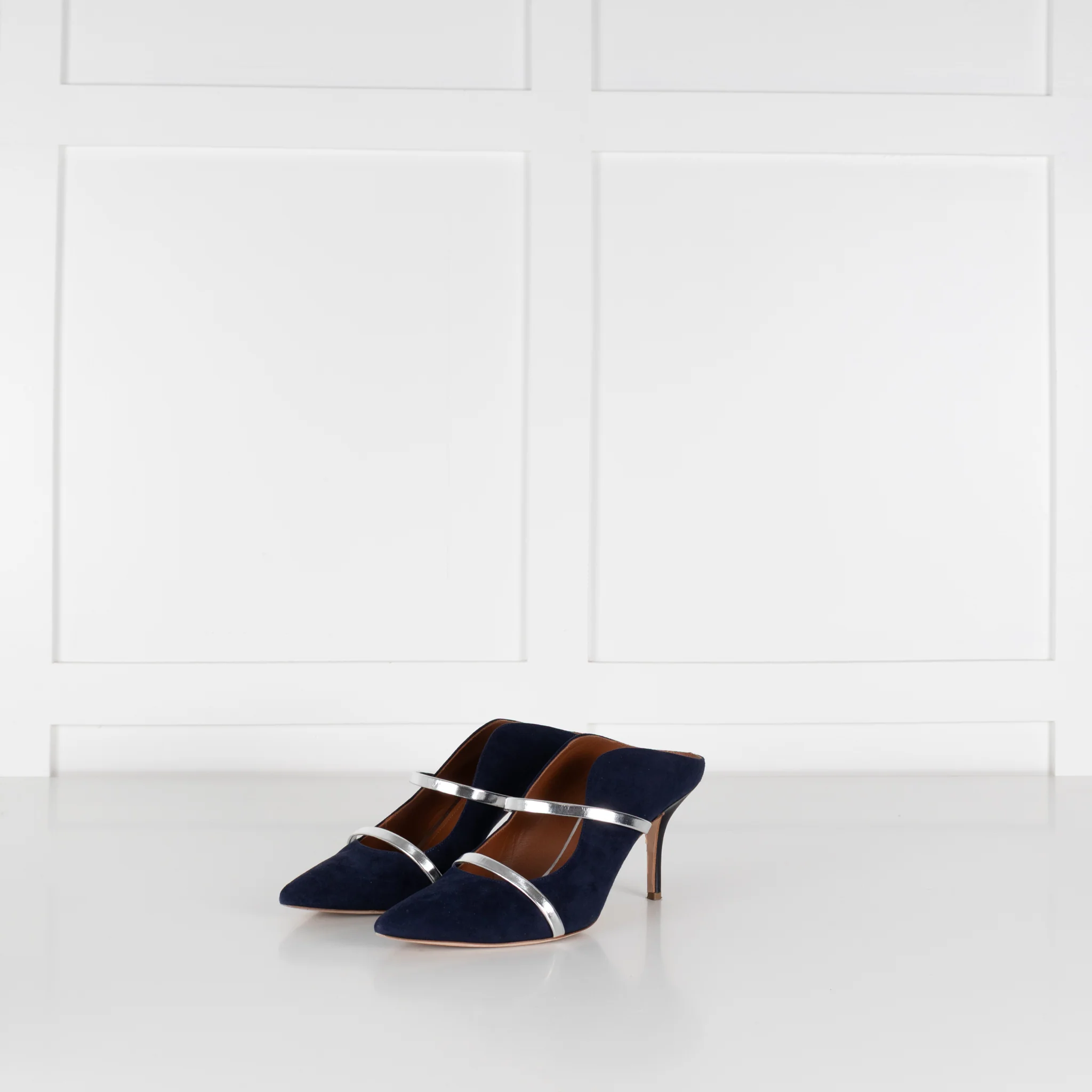 Malone Souliers Maureen Navy Suede Mules With Silver Straps