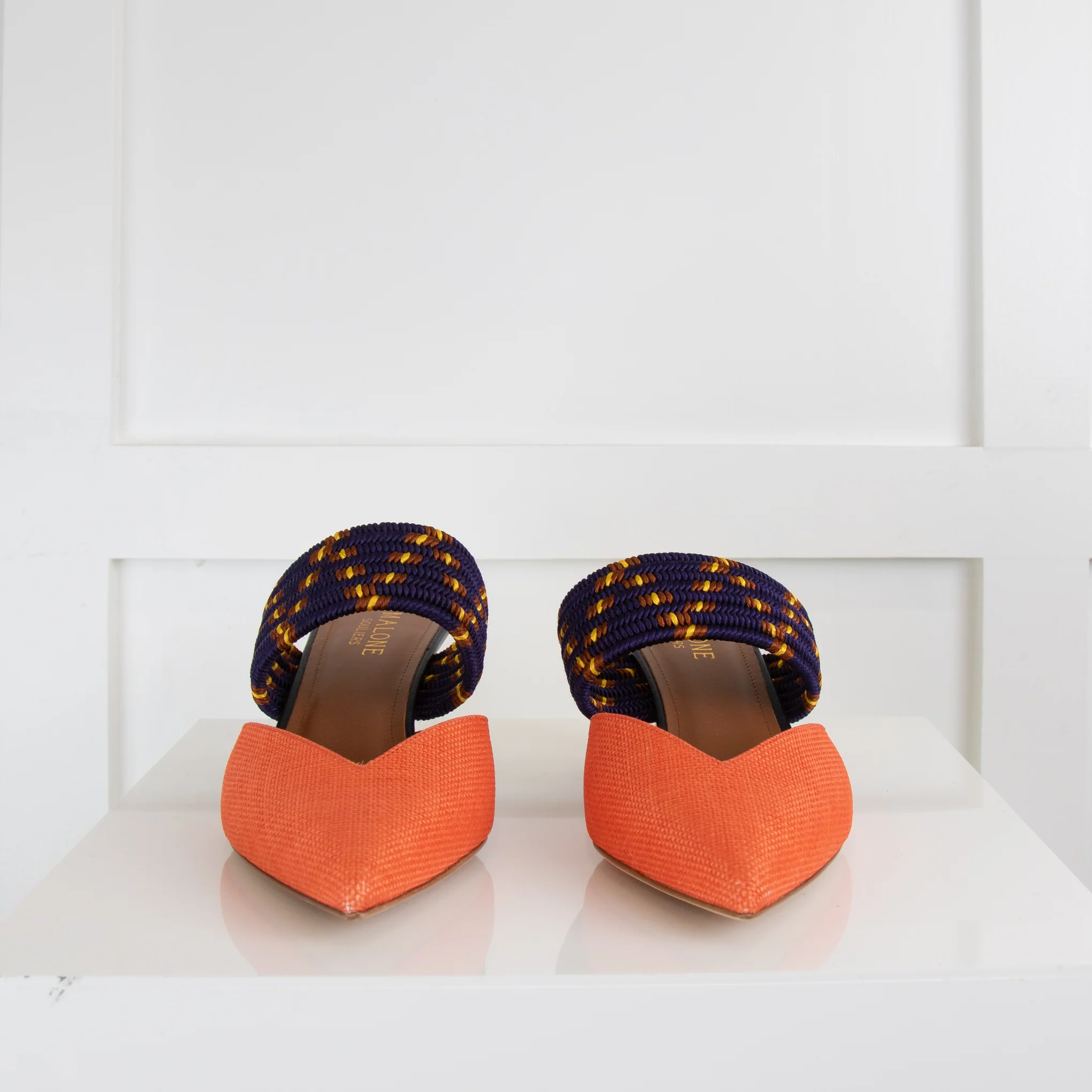 Malone Souliers Orange Fabric Purple Strap Pointy Mules - Image 2