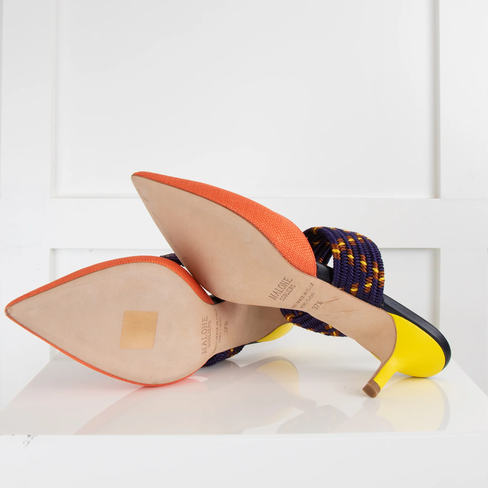 Malone Souliers Orange Fabric Purple Strap Pointy Mules - Image 5