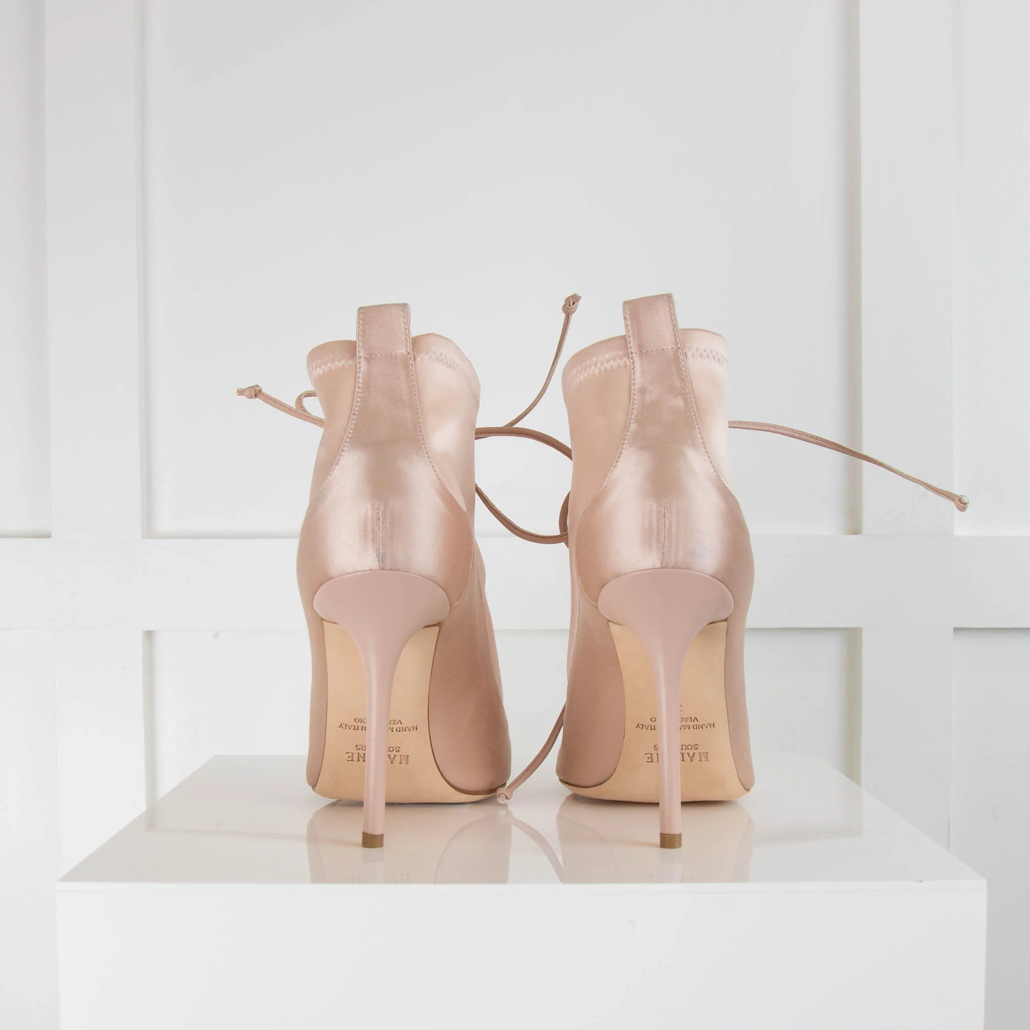 Malone Souliers Pale Pink Satin Lace Up Open Toe Heels - Image 4