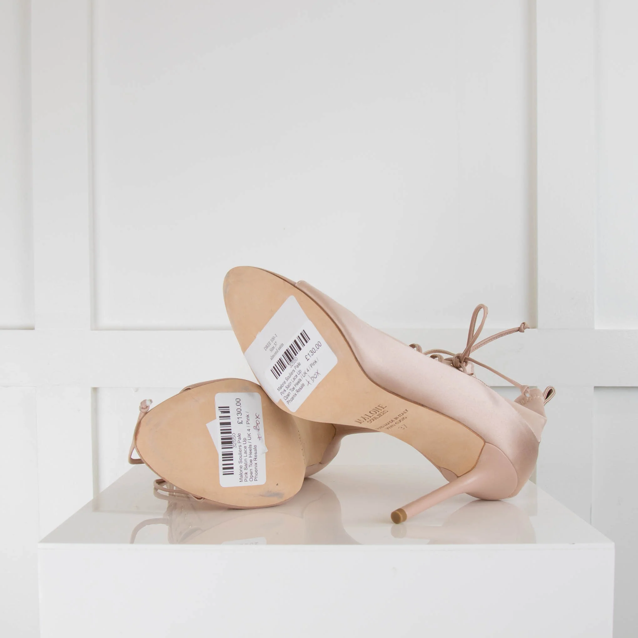 Malone Souliers Pale Pink Satin Lace Up Open Toe Heels - Image 5