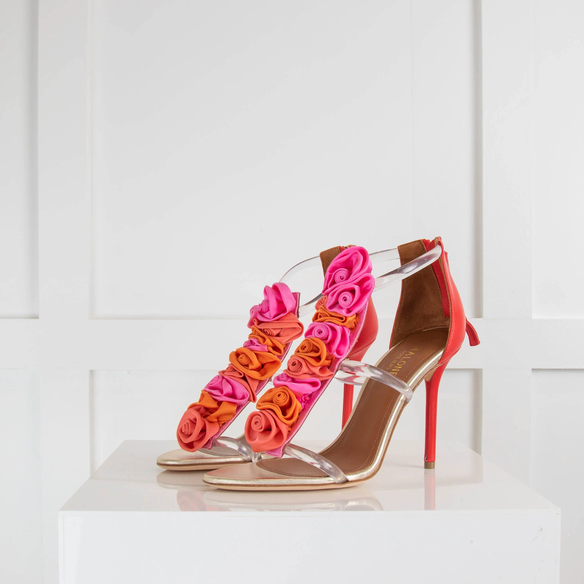 Malone Souliers Pink Red Clear Strap Fabric Flower Heels