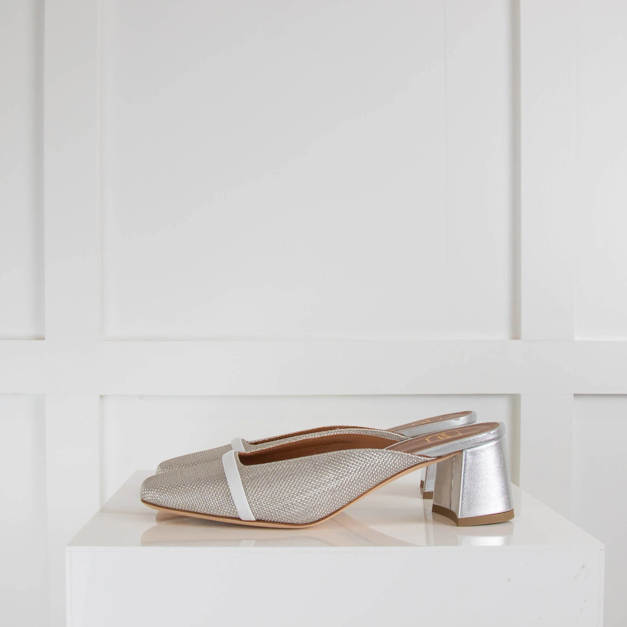 Malone Souliers Silver Fabric Block Heel Mules - Image 3