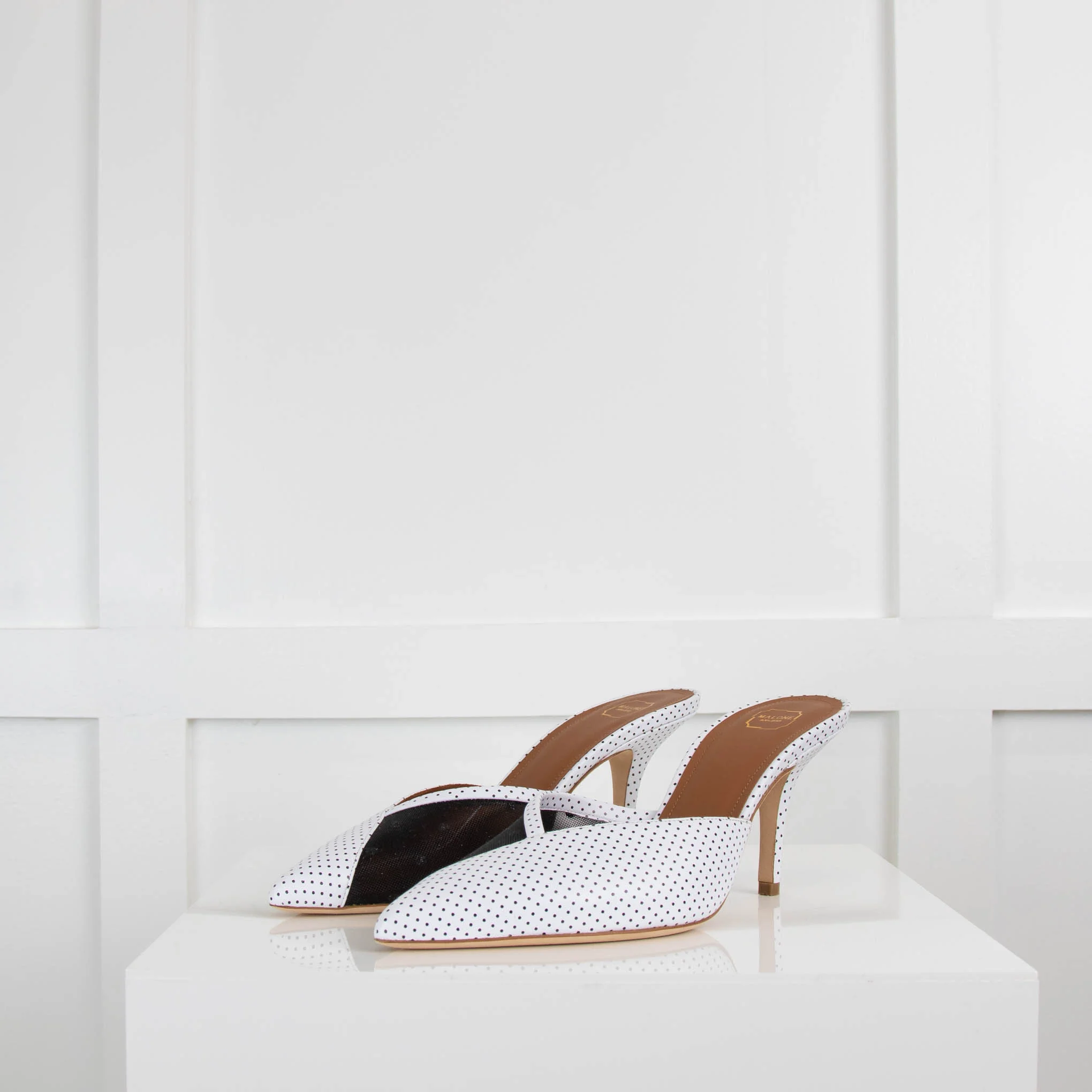 Malone Souliers White Polka Dot Pointy Heeled Mules