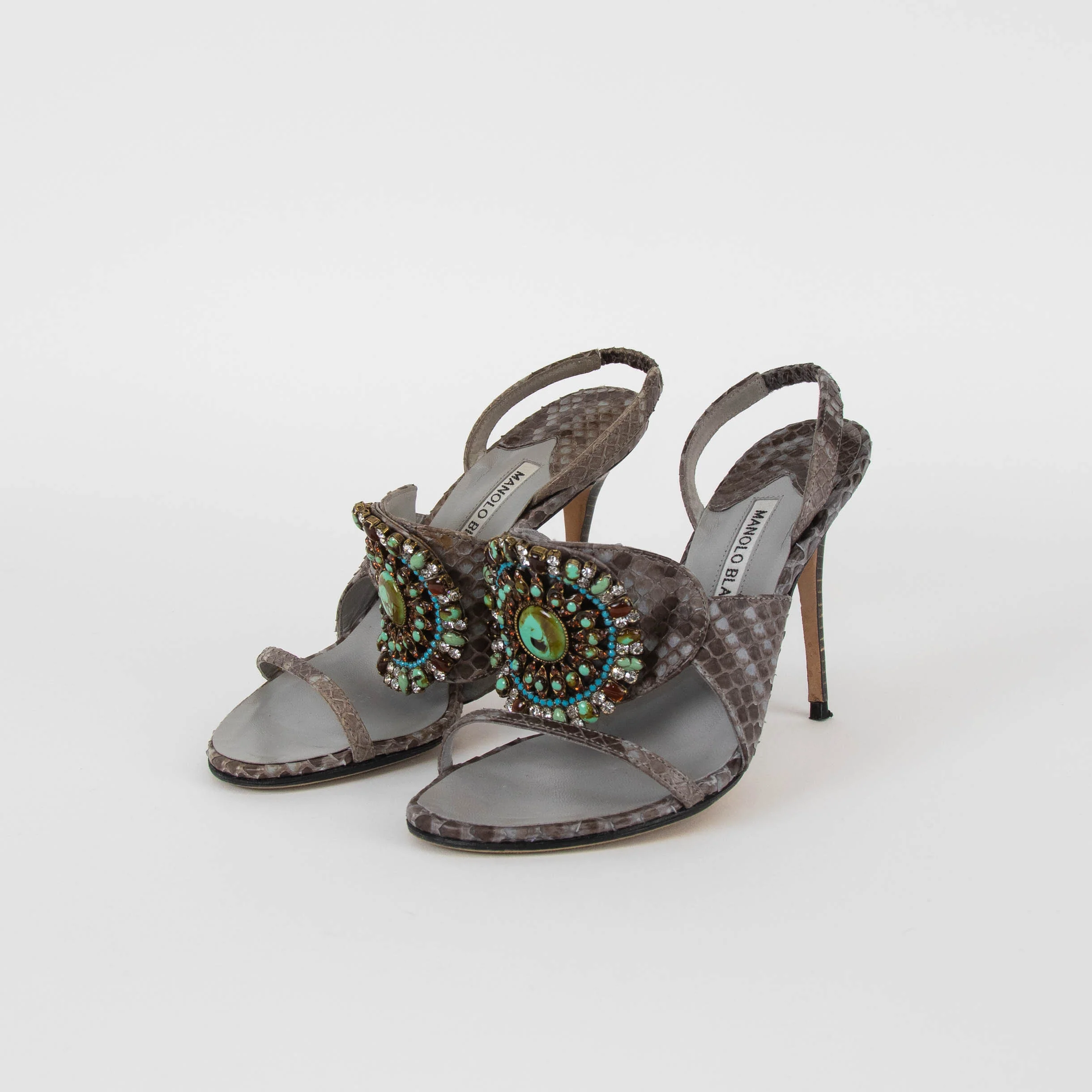 Manolo Blahnik Grey Snake Skin Embellished Heeled Sandals