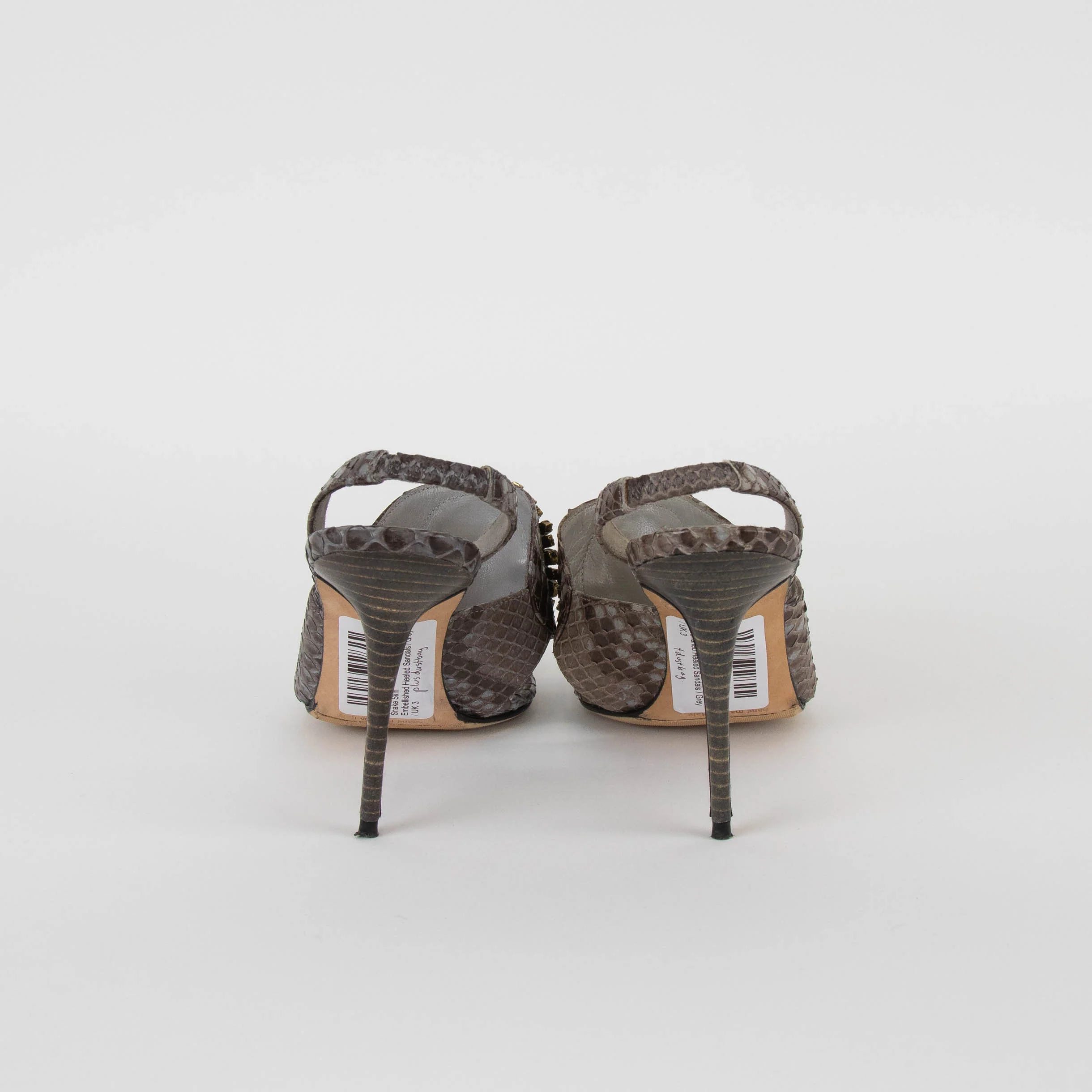 Manolo Blahnik Grey Snake Skin Embellished Heeled Sandals - Image 3