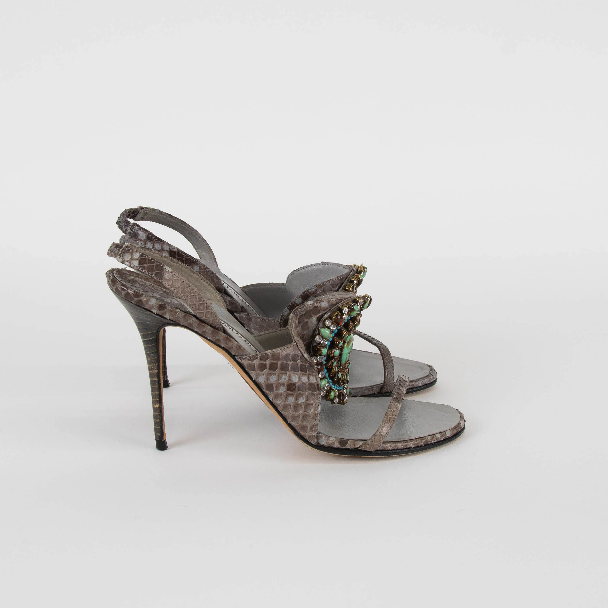 Manolo Blahnik Grey Snake Skin Embellished Heeled Sandals - Image 4
