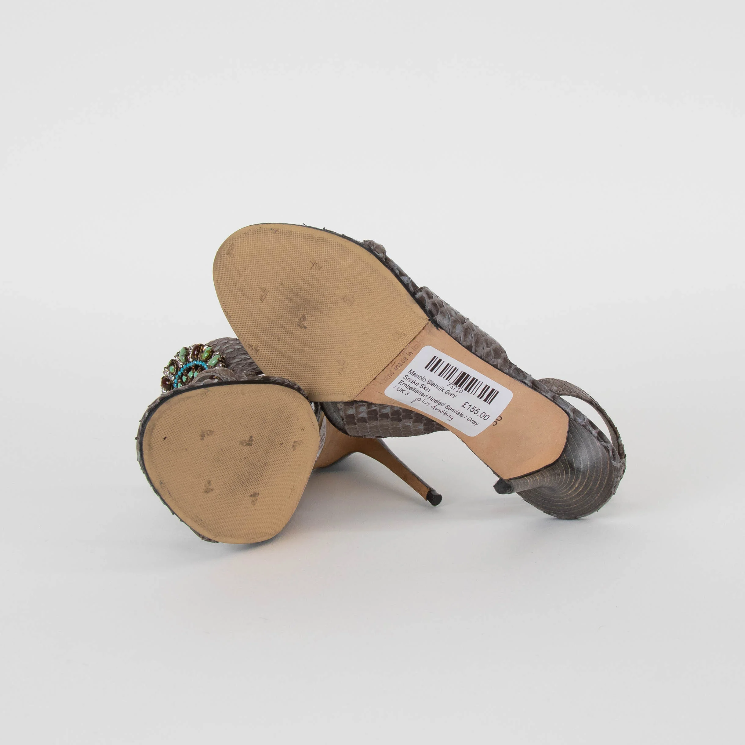 Manolo Blahnik Grey Snake Skin Embellished Heeled Sandals - Image 5