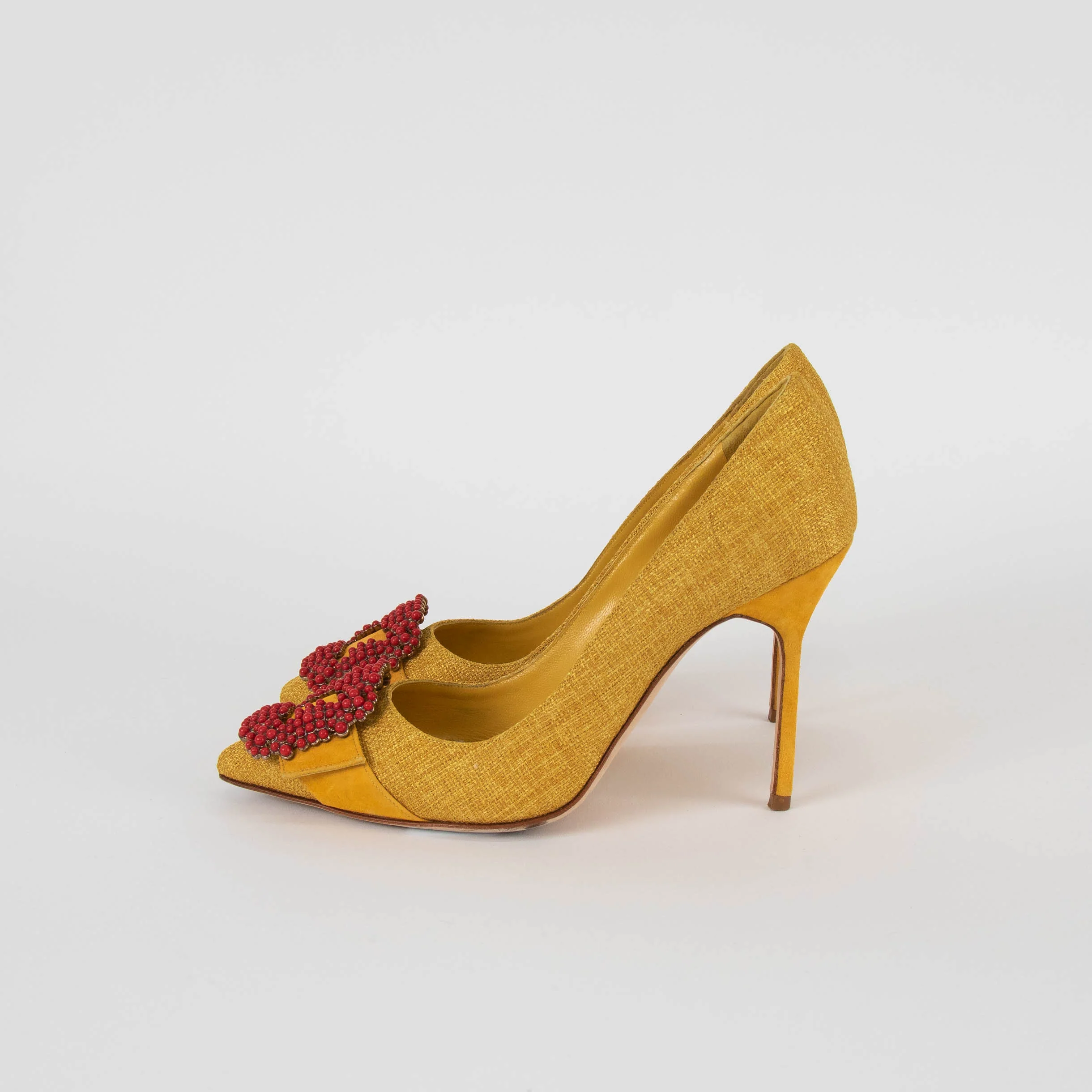 Manolo Blahnik Mustard Yellow Red Bead Embellished Heeled Shoes - Image 3