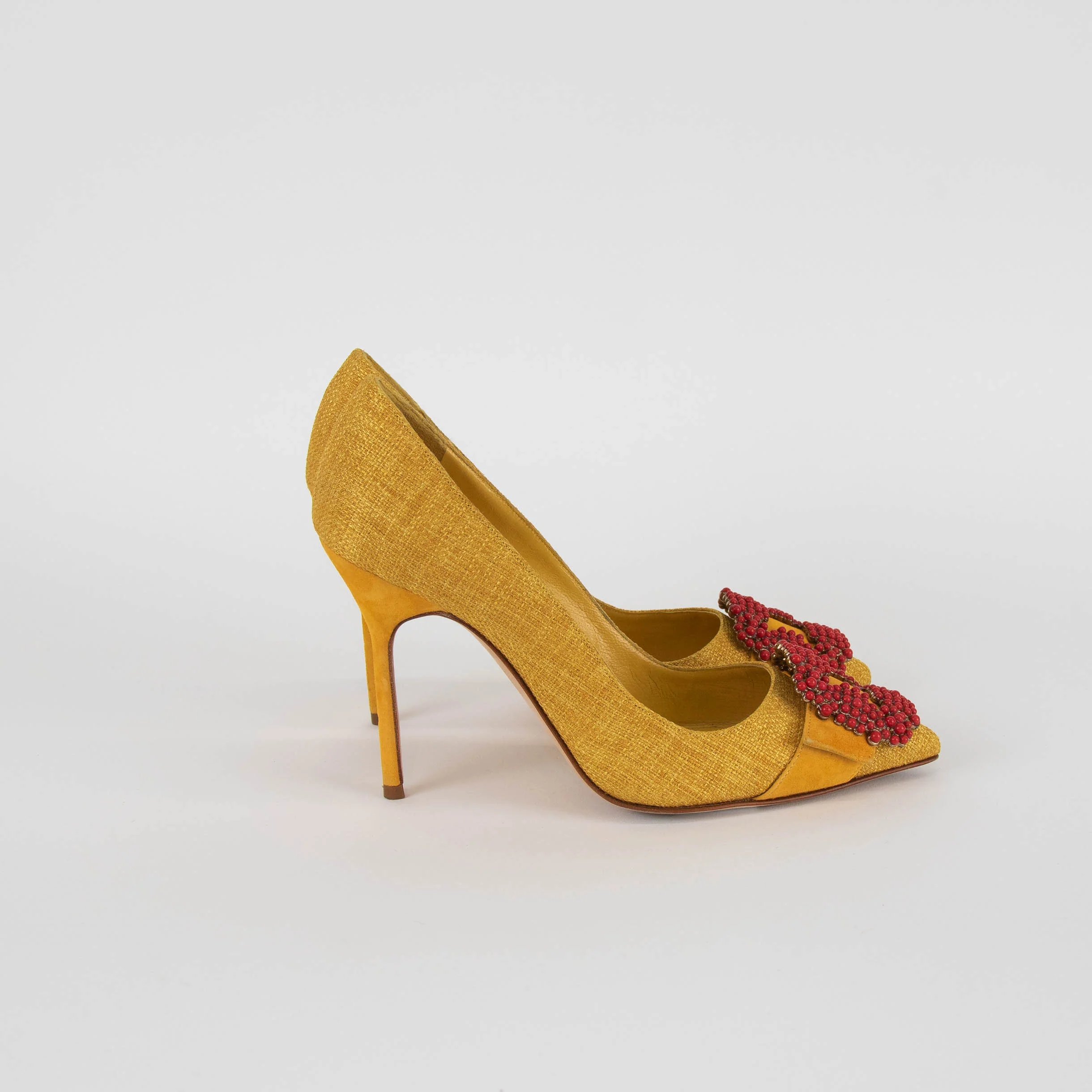 Manolo Blahnik Mustard Yellow Red Bead Embellished Heeled Shoes - Image 5