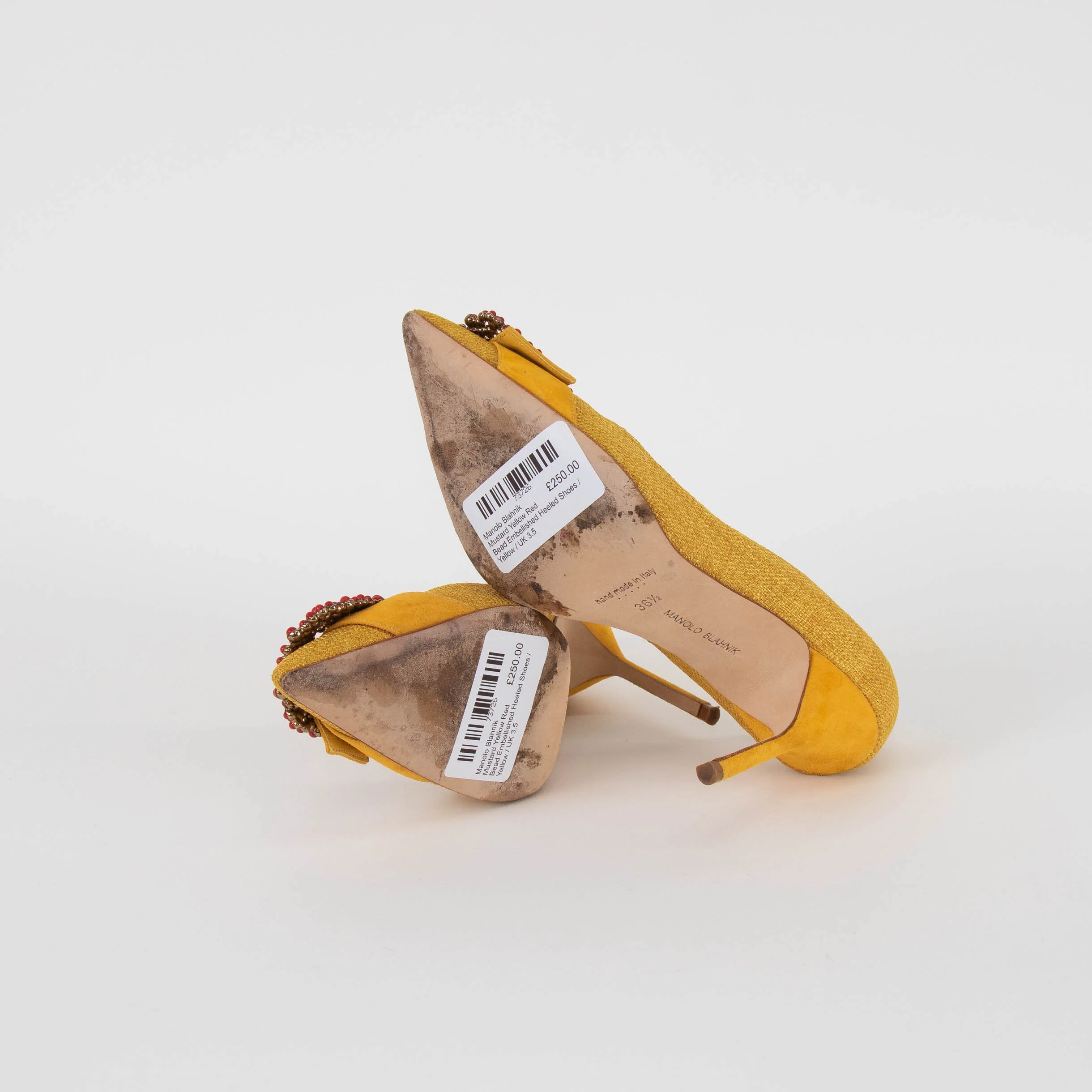 Manolo Blahnik Mustard Yellow Red Bead Embellished Heeled Shoes - Image 6