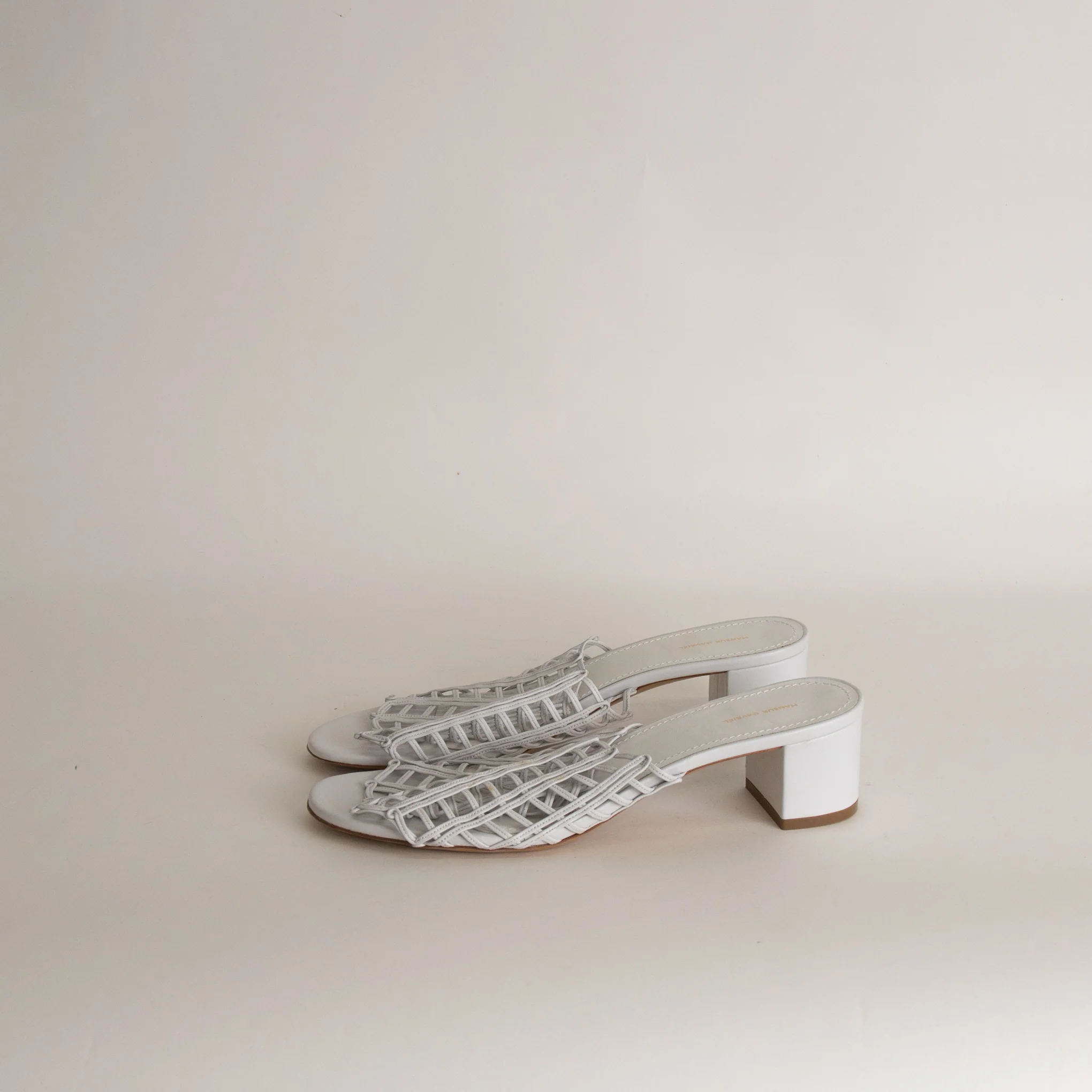 Mansur Gavriel White Lattice Leather Heeled Mules - Image 5