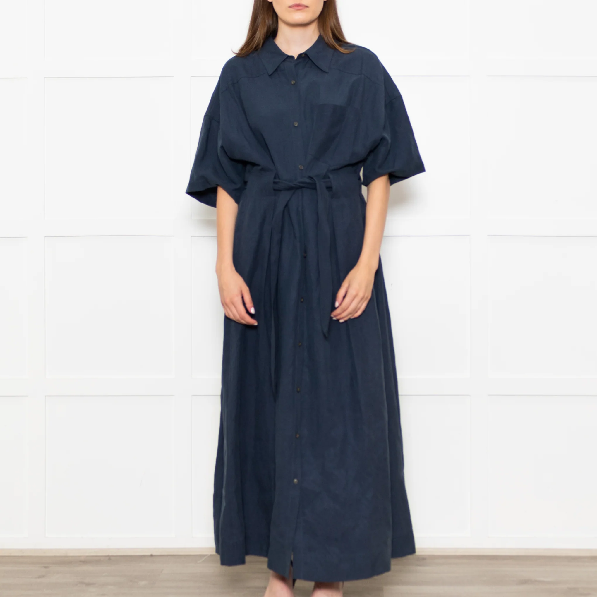 Mara Hoffman Dark Blue Short Sleeve Tie Waist Shirt Dress - Image 2