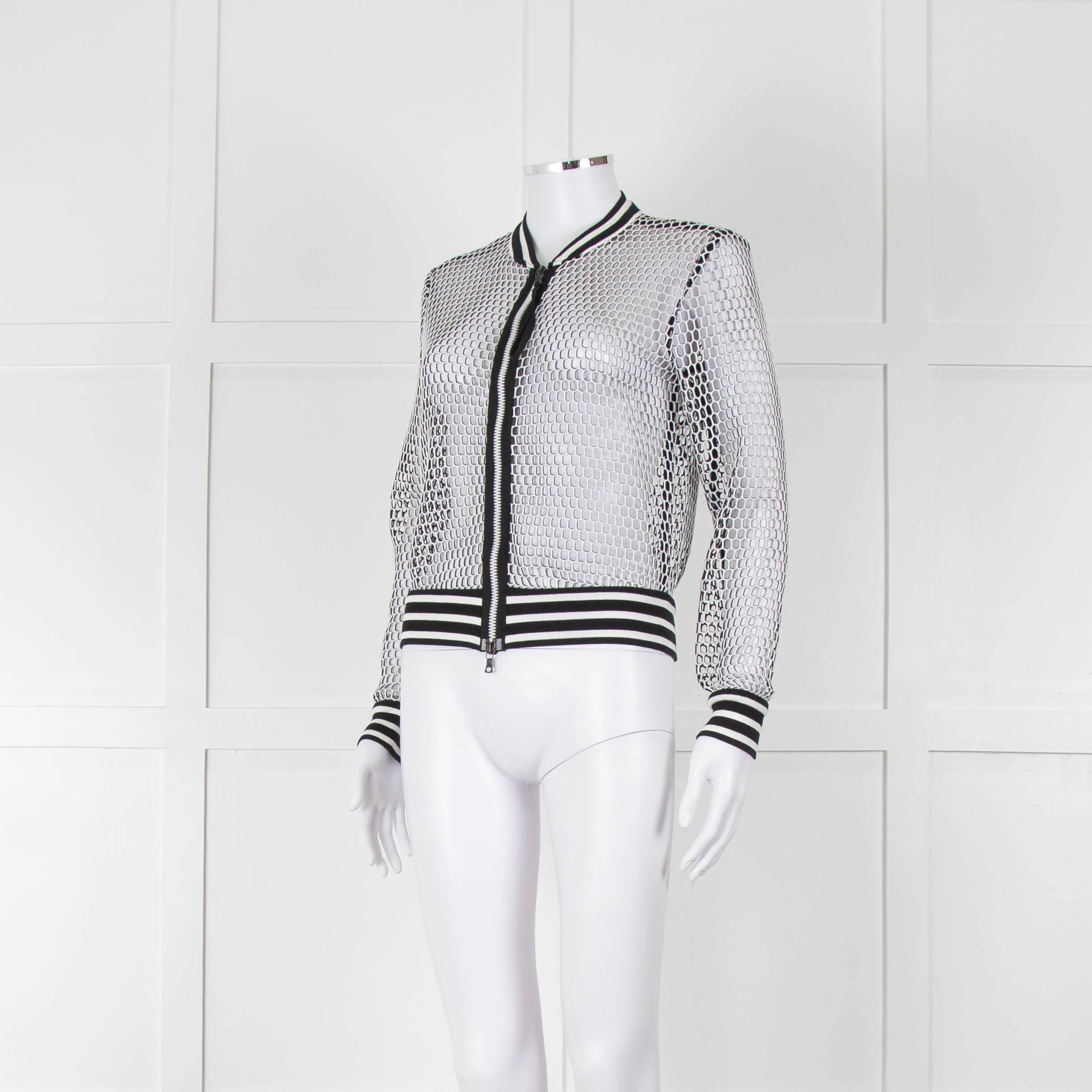 Marc Cain White Black Net Zip Up Bomber Jacket - Image 8