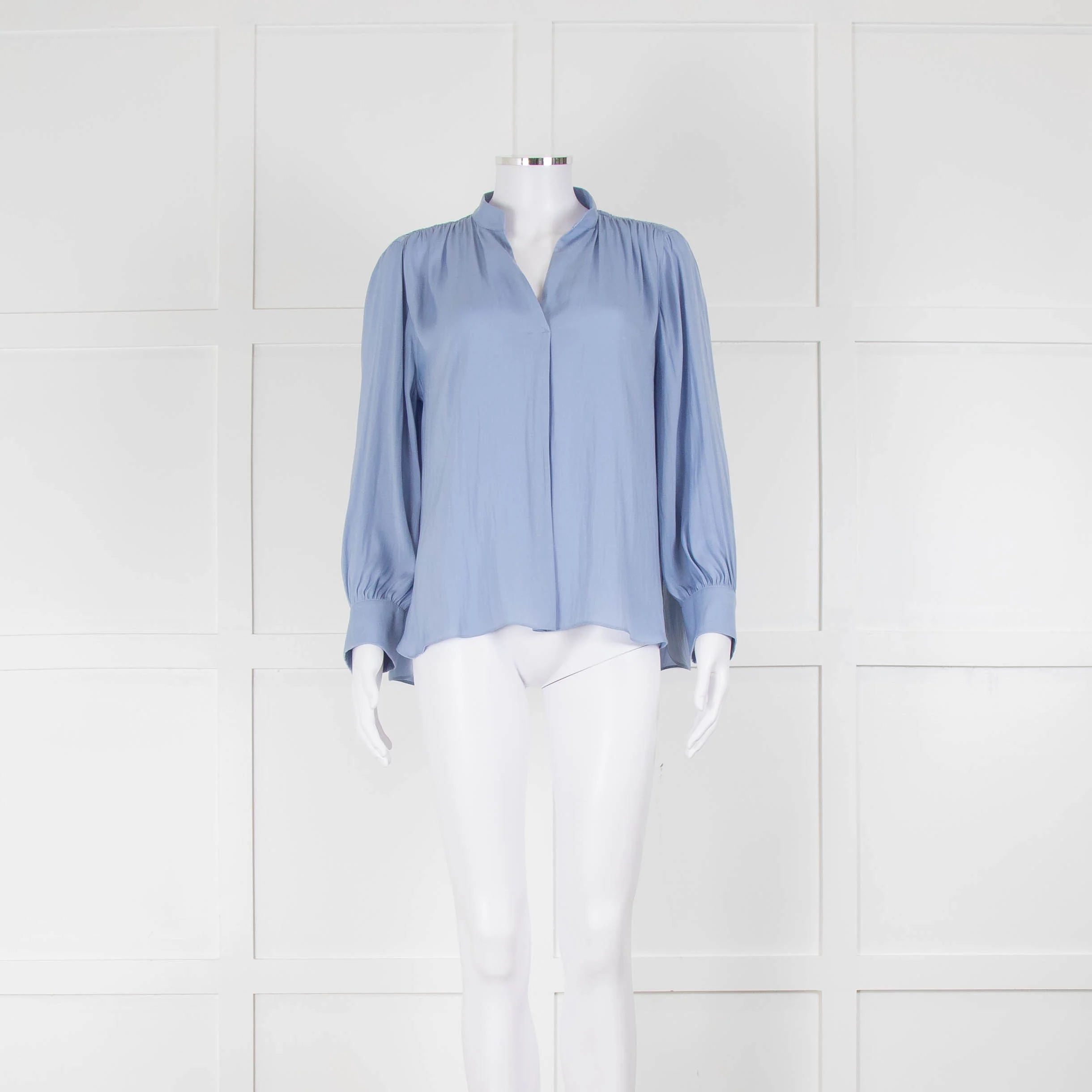Marc Cain Cornflower Blue Grandad Collar Blouse with Button Cuffs