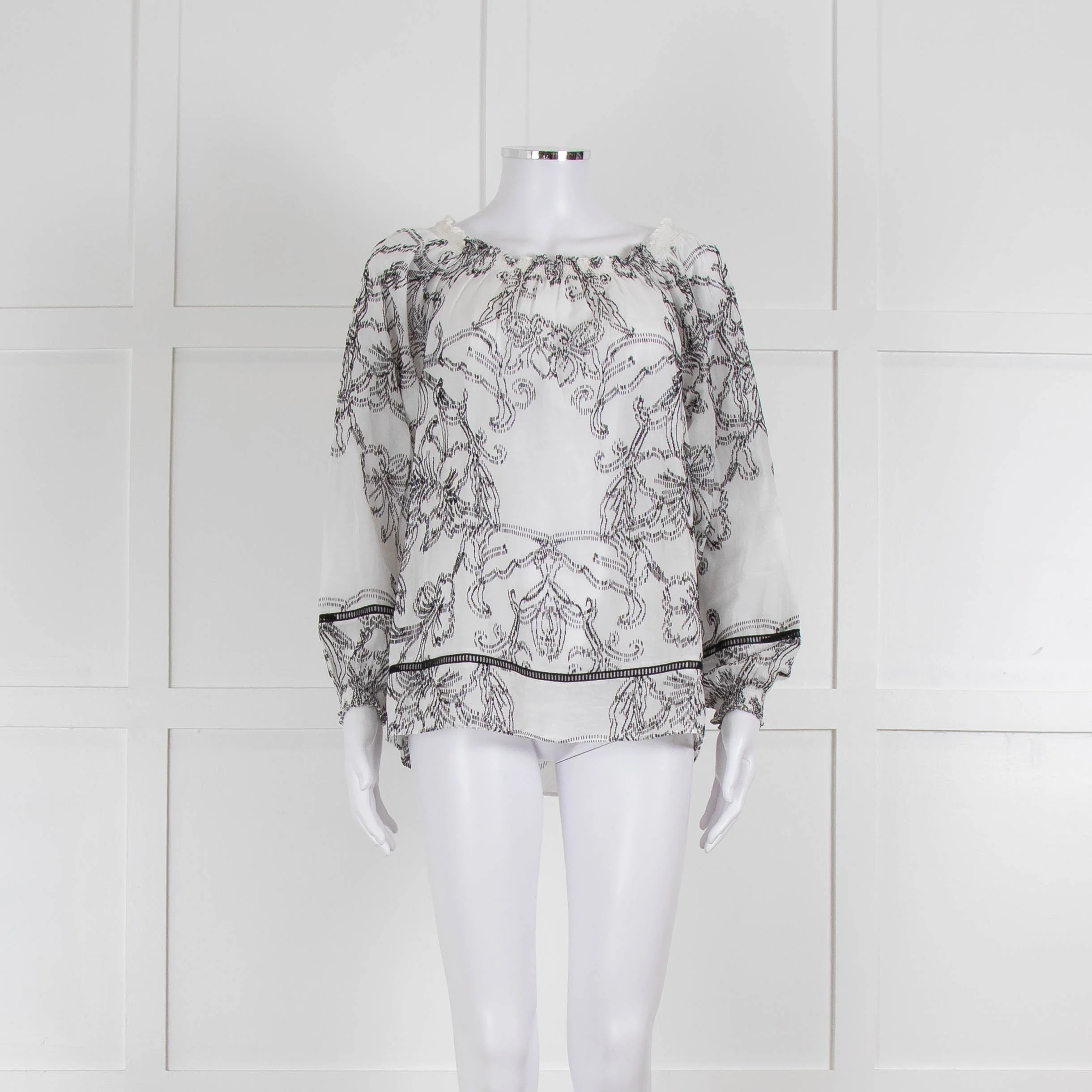 Marccain White and Black Embroidery Off The Shoulder Blouse