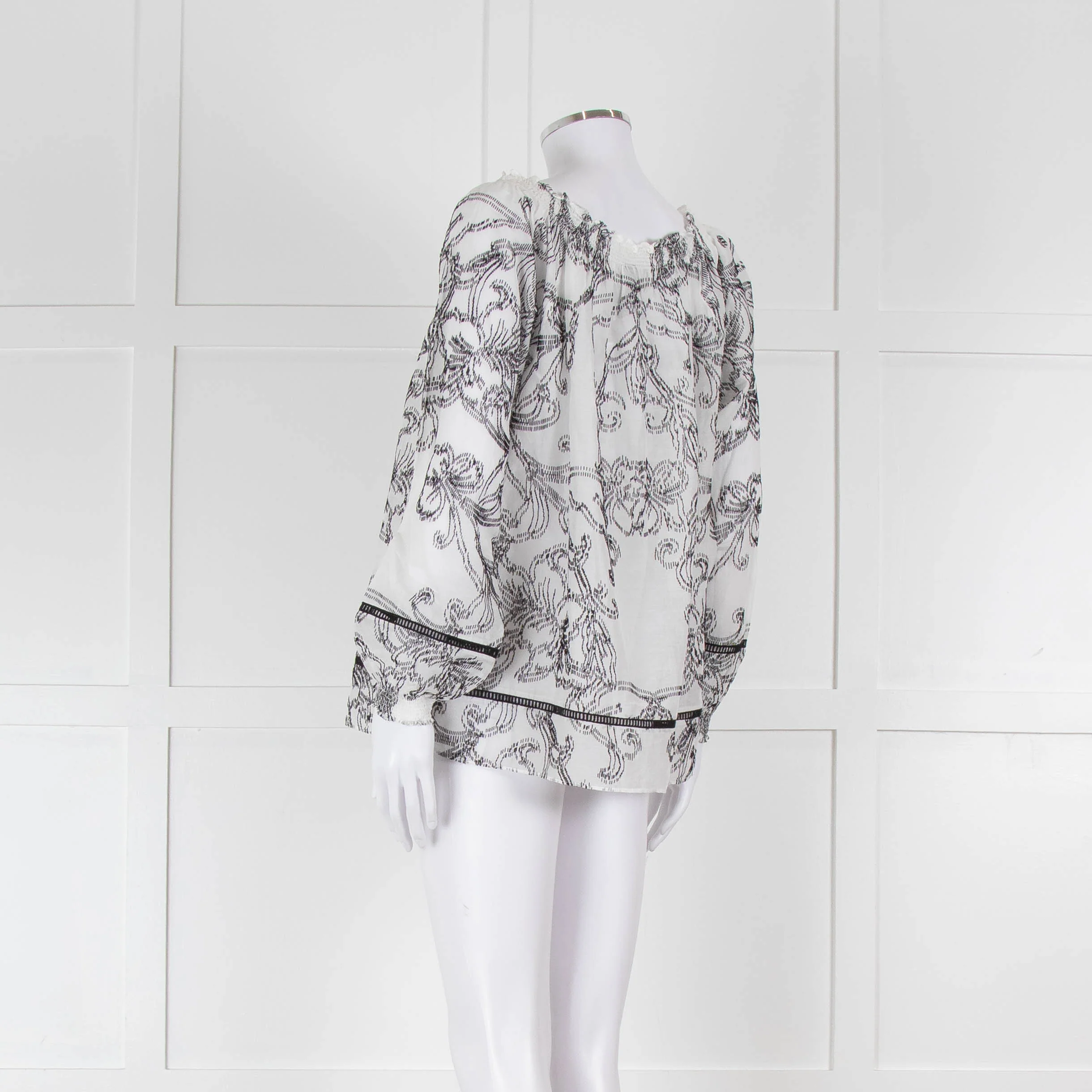 Marccain White and Black Embroidery Off The Shoulder Blouse - Image 6
