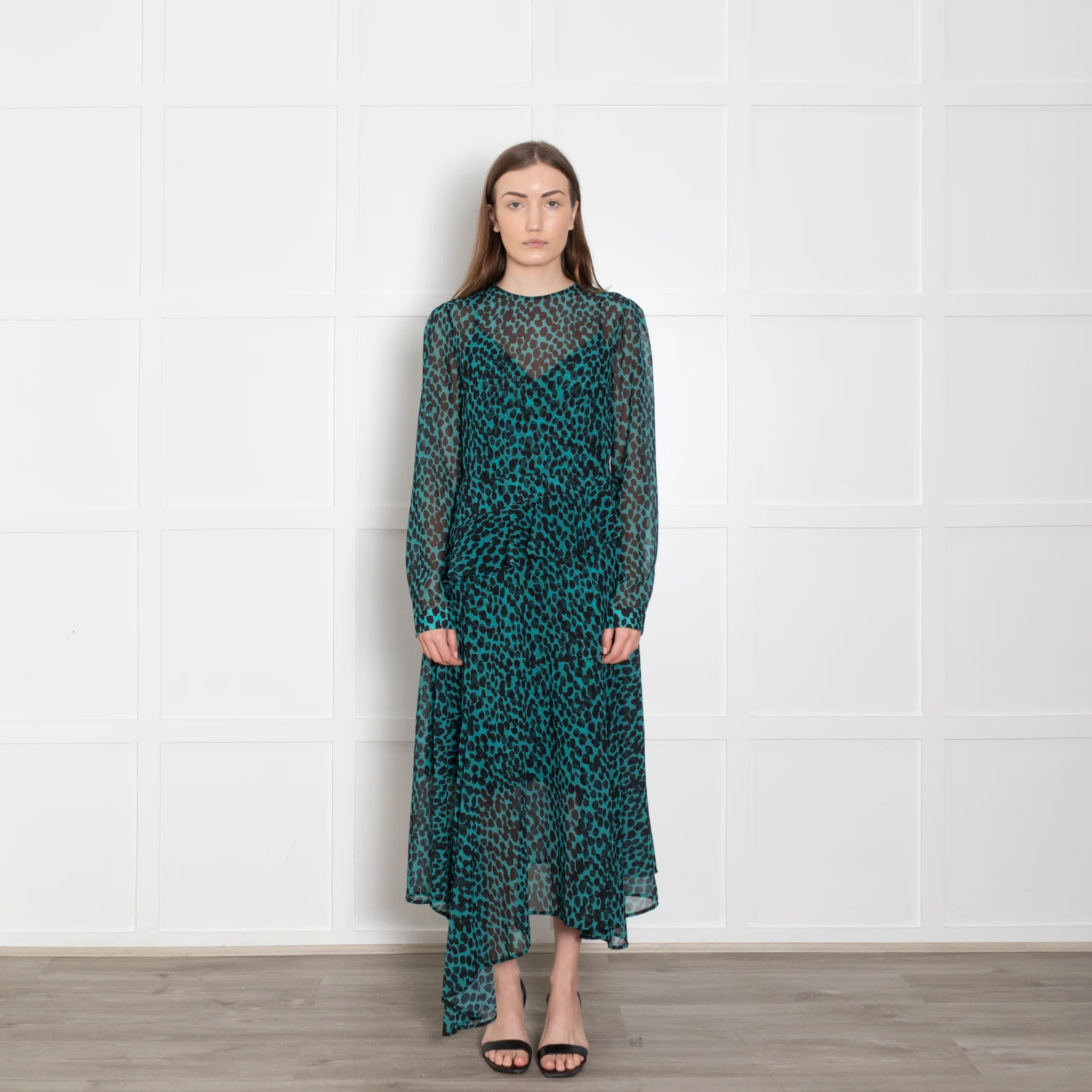 Markus Lupfer Teal Black Animal Print Long Sleeve Dress With Slip