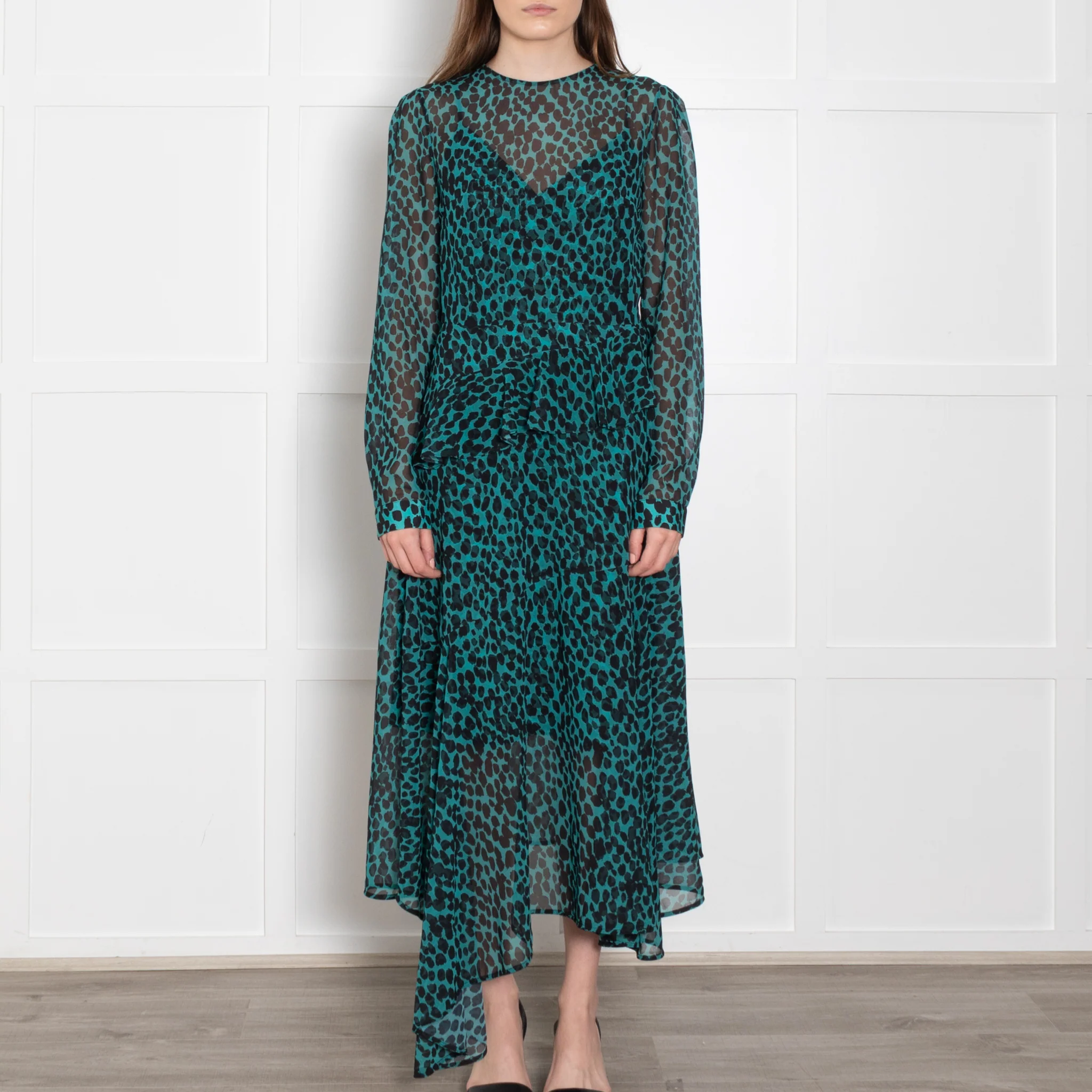 Markus Lupfer Teal Black Animal Print Long Sleeve Dress With Slip - Image 2