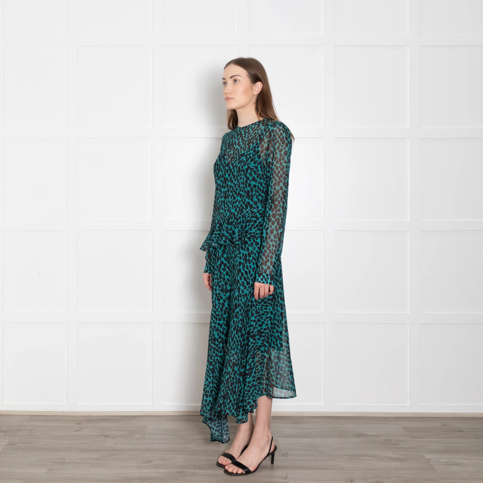Markus Lupfer Teal Black Animal Print Long Sleeve Dress With Slip - Image 3