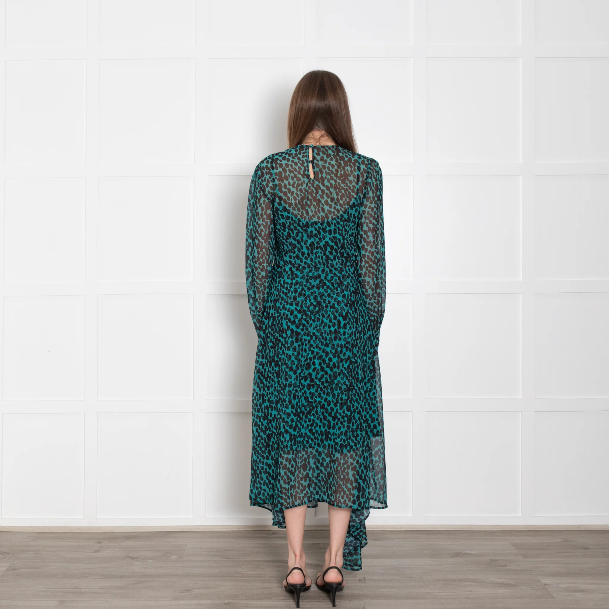 Markus Lupfer Teal Black Animal Print Long Sleeve Dress With Slip - Image 5