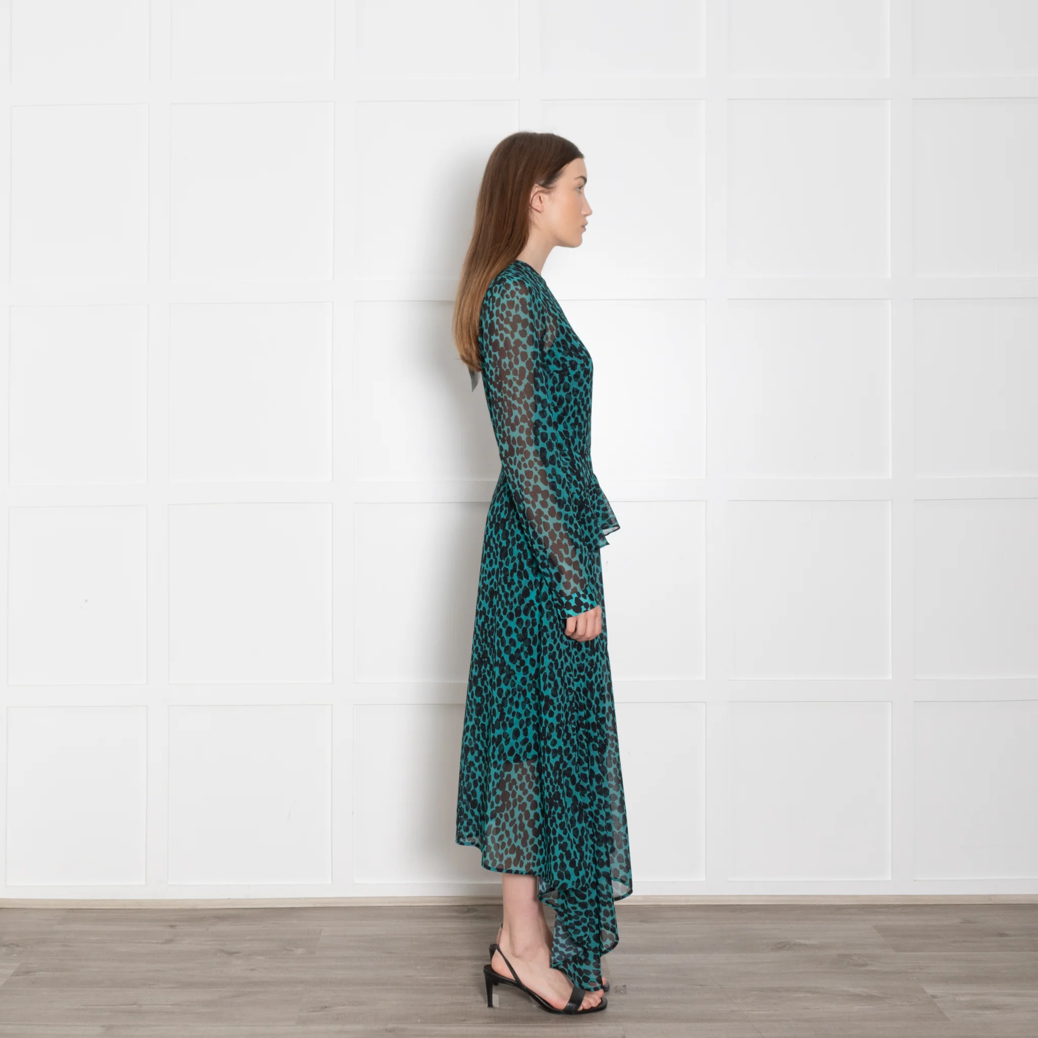 Markus Lupfer Teal Black Animal Print Long Sleeve Dress With Slip - Image 6