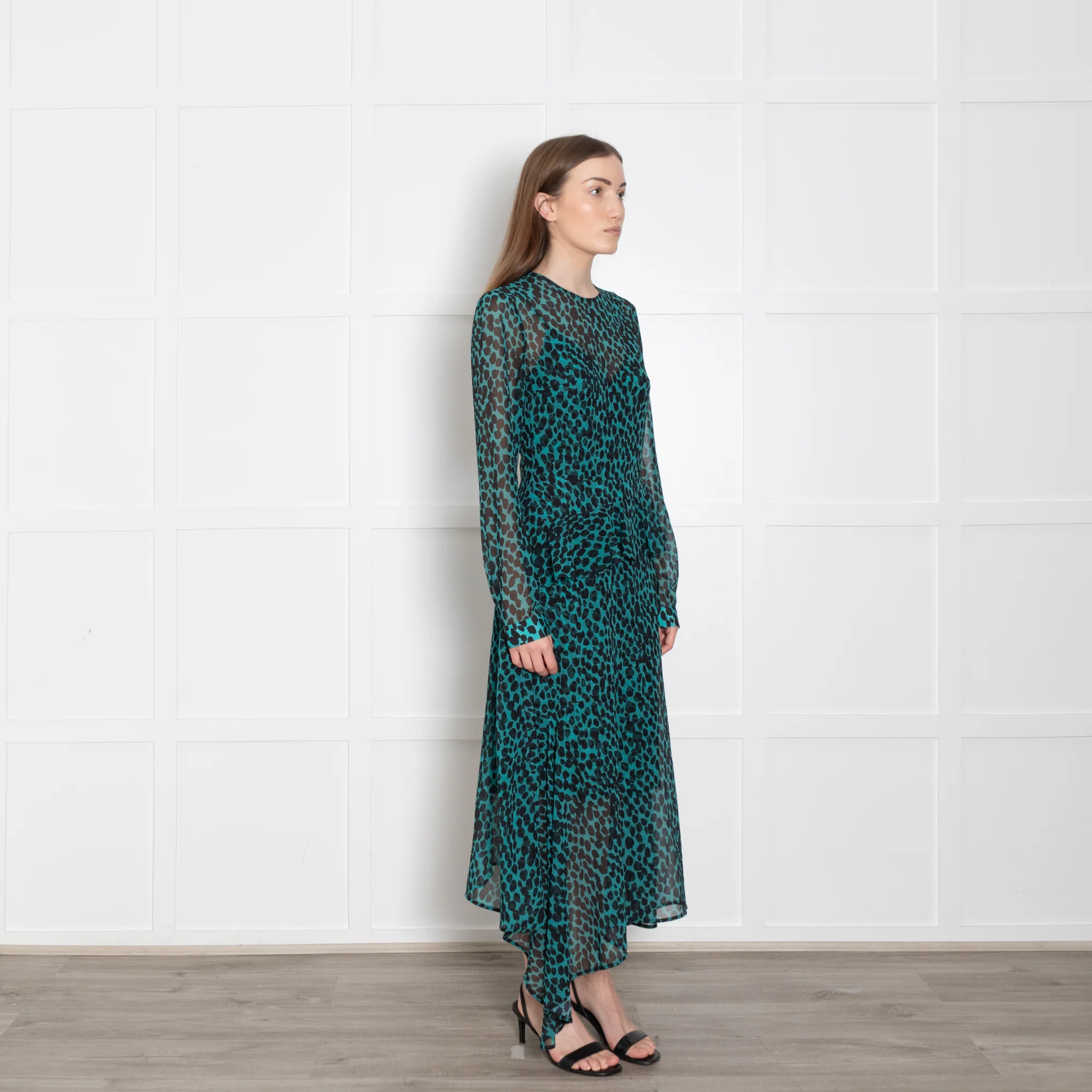 Markus Lupfer Teal Black Animal Print Long Sleeve Dress With Slip - Image 7