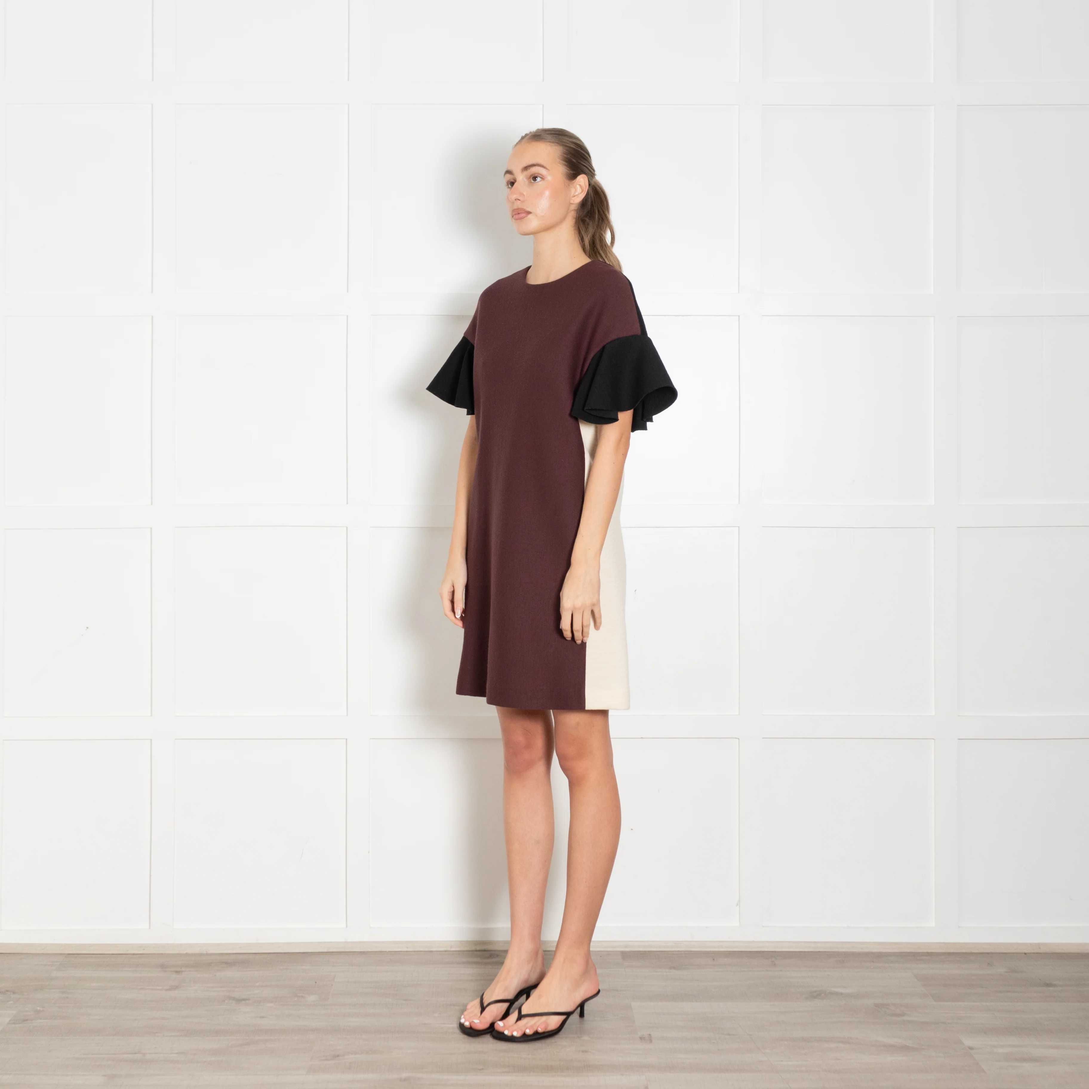 Marni Aubergine Cream Black Wool Blend Ruffle Sleeve Dress - Image 3