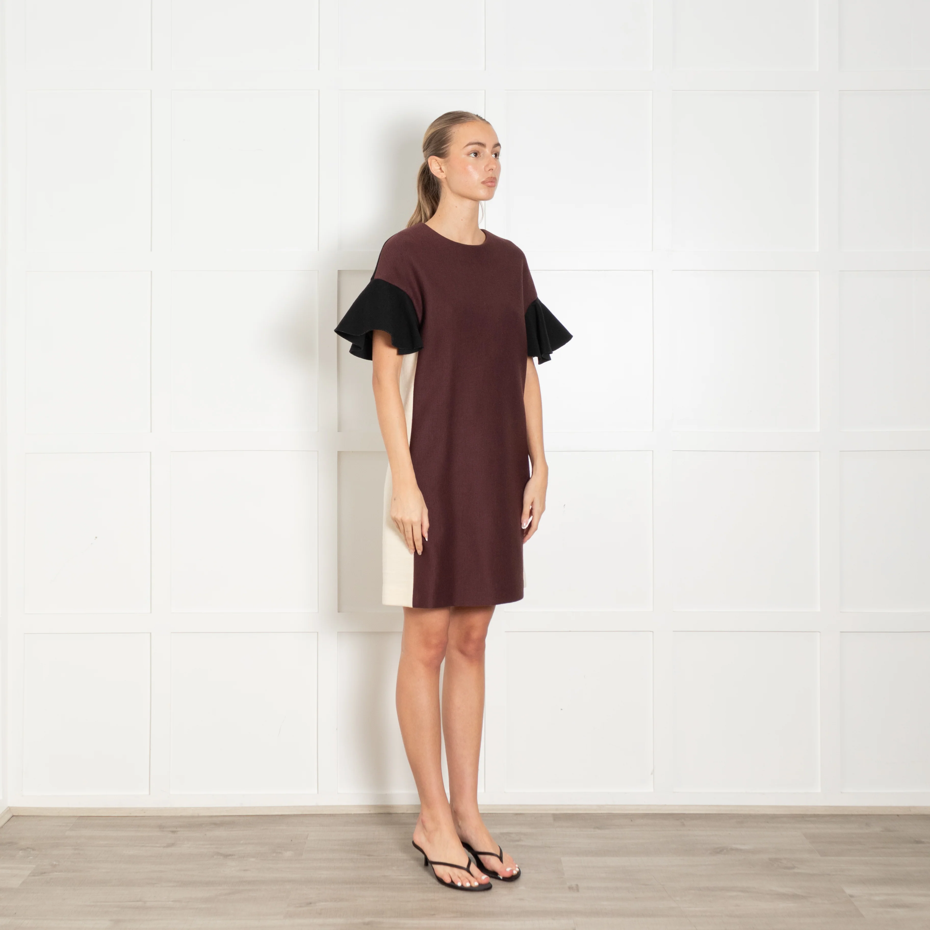 Marni Aubergine Cream Black Wool Blend Ruffle Sleeve Dress - Image 7