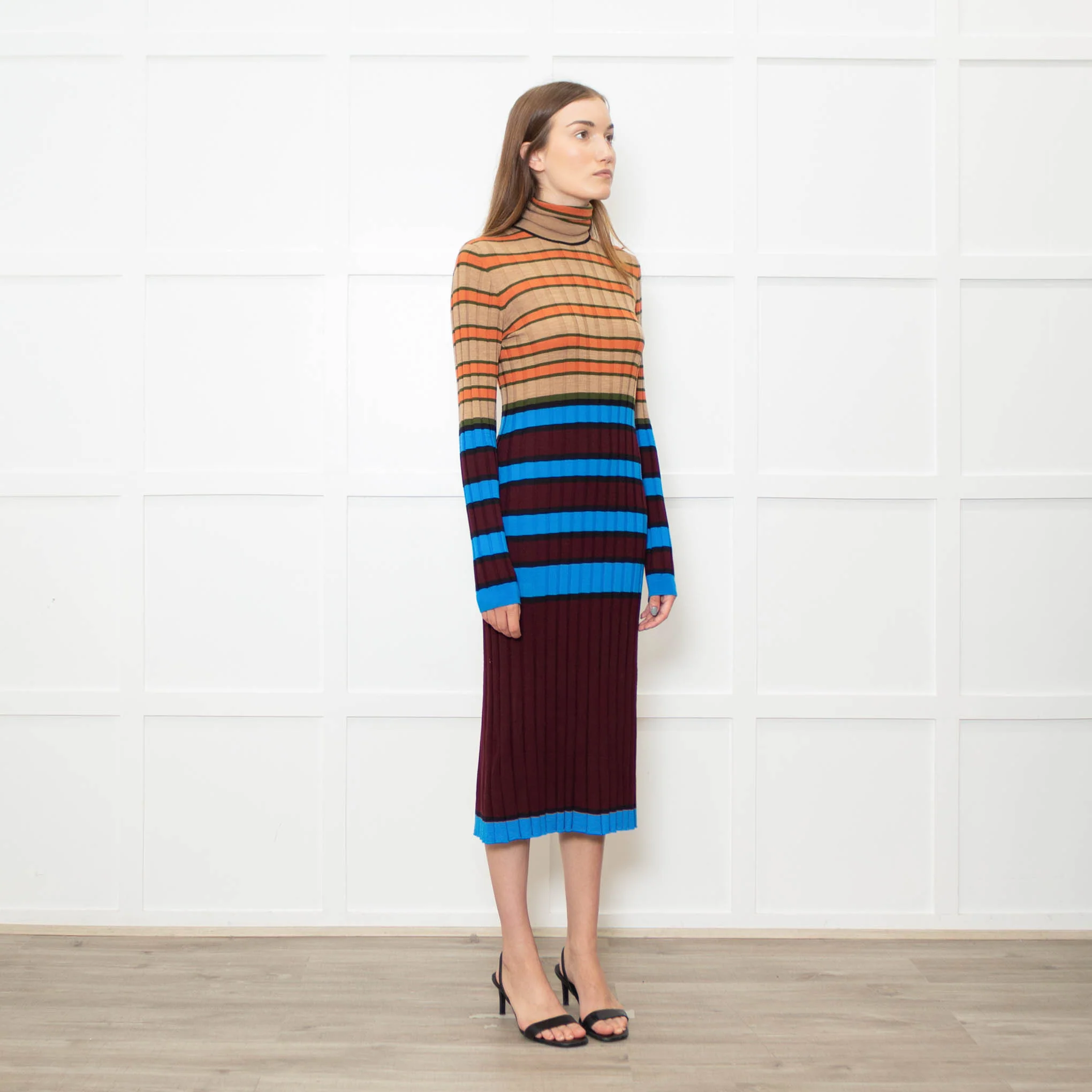 Marni Blue, Camel, Burgundy and Orange Stripe Knitted Midi Dress - Image 7