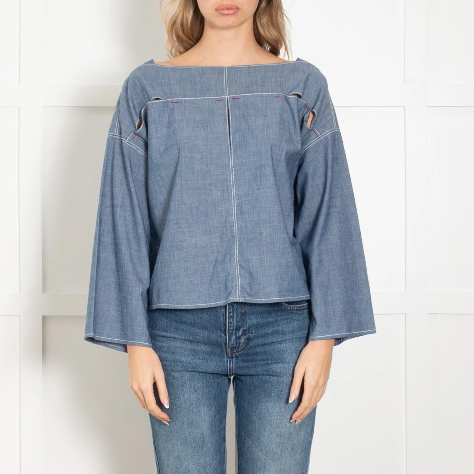 Marni Blue Light Denim Red Stitch Boat Neck Top - Image 2