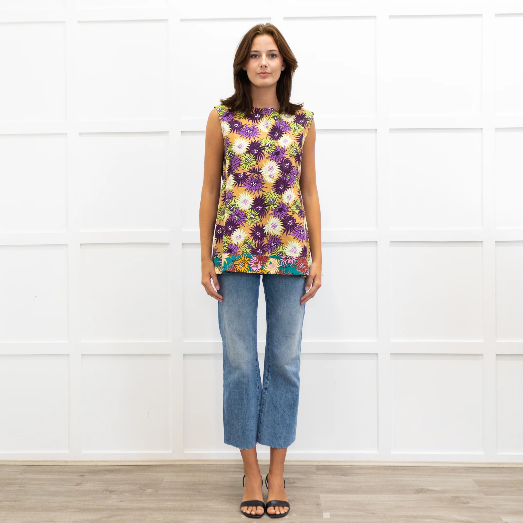 Marni Caramel Purple Flower Print Cotton Sleeveless Top