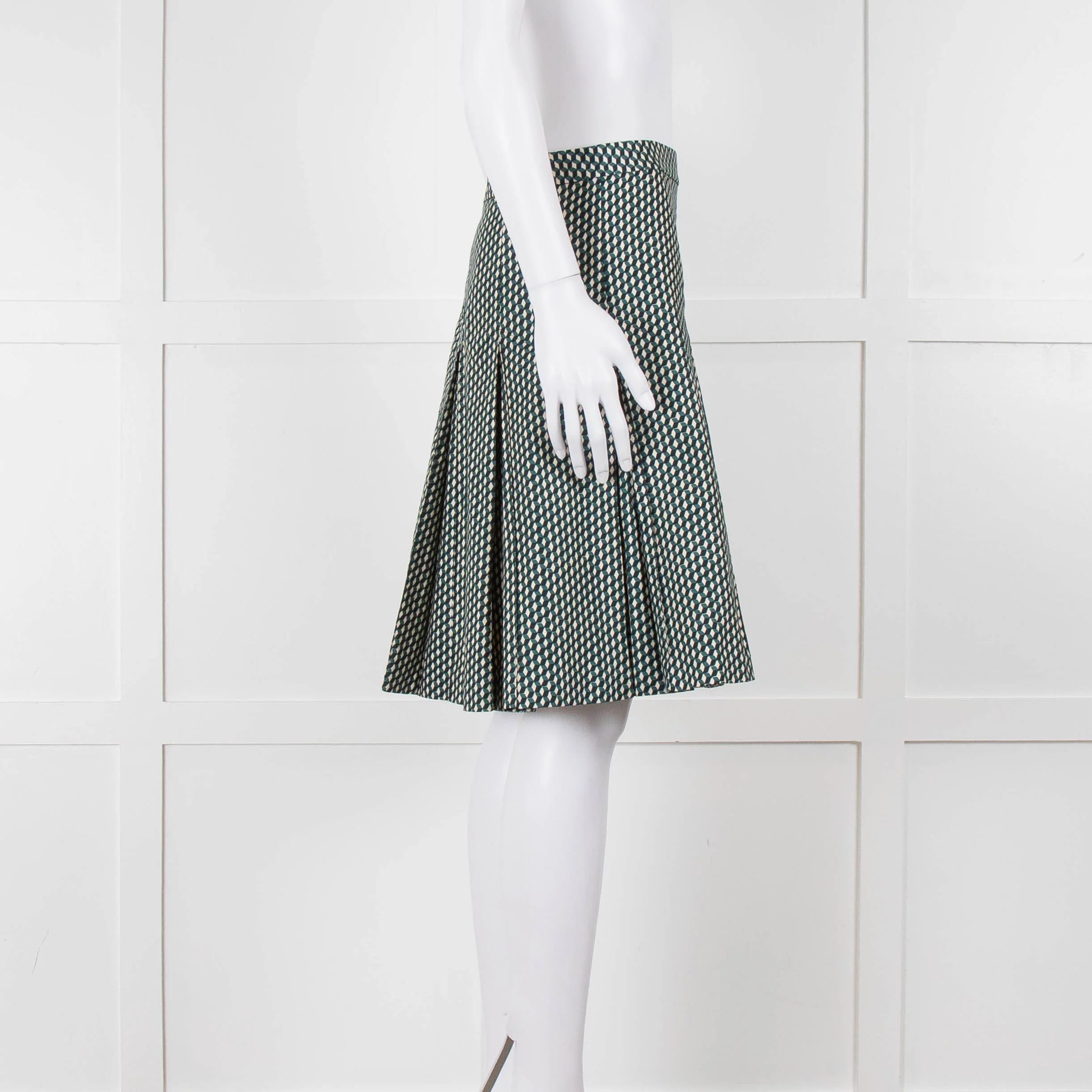 Marni Green Cream Geometric Print Box Pleat Skirt - Image 3