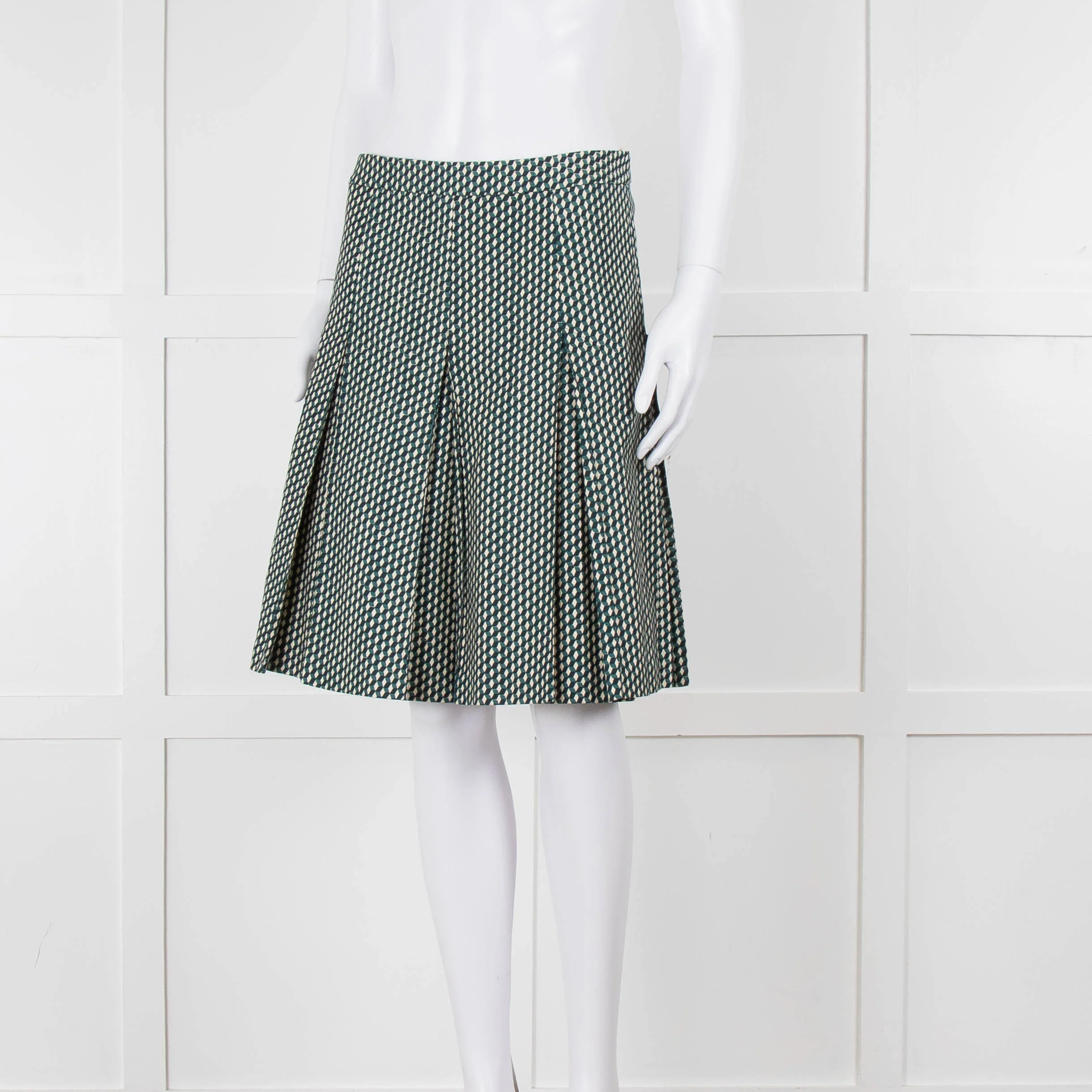 Marni Green Cream Geometric Print Box Pleat Skirt - Image 8