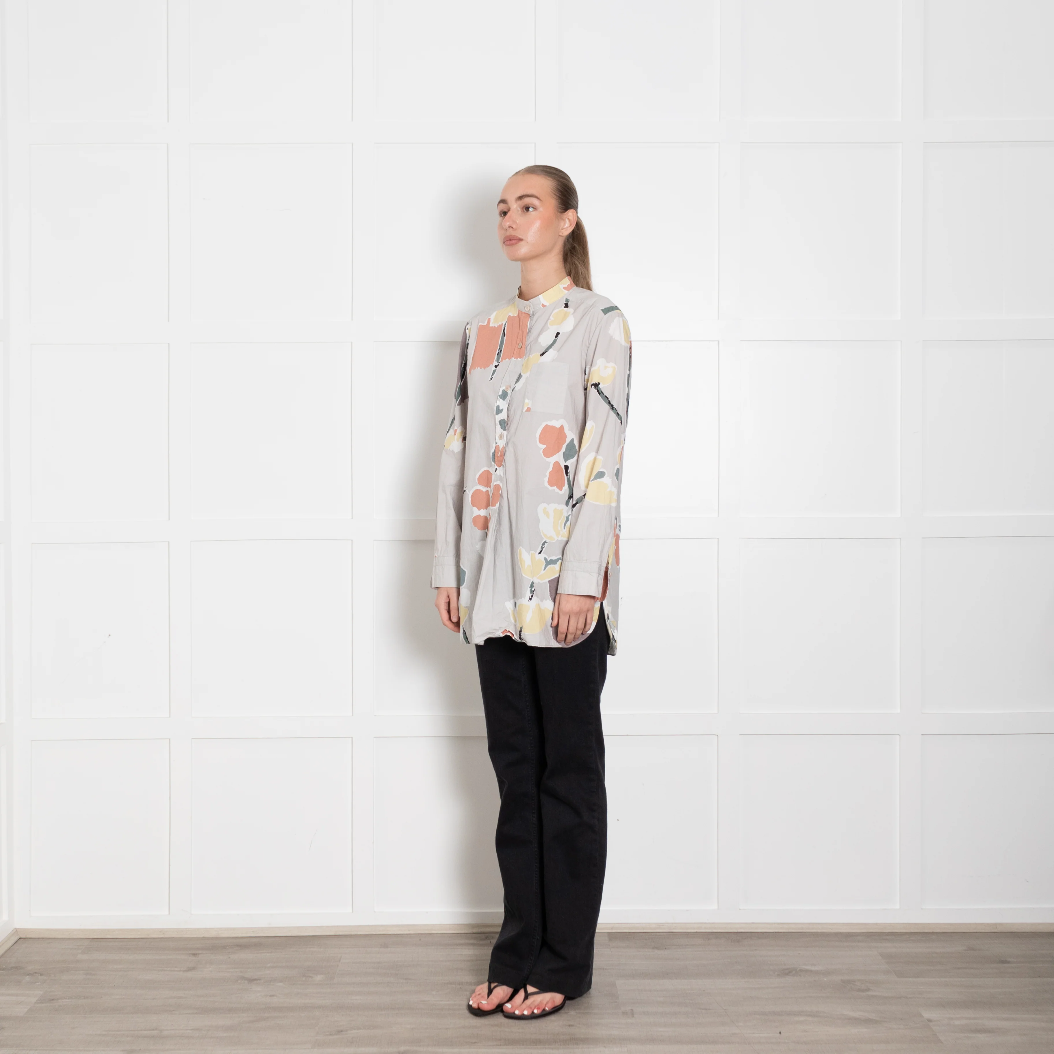 Marni Grey Orange Yellow Abstract Flower Print Cotton Shirt - Image 3