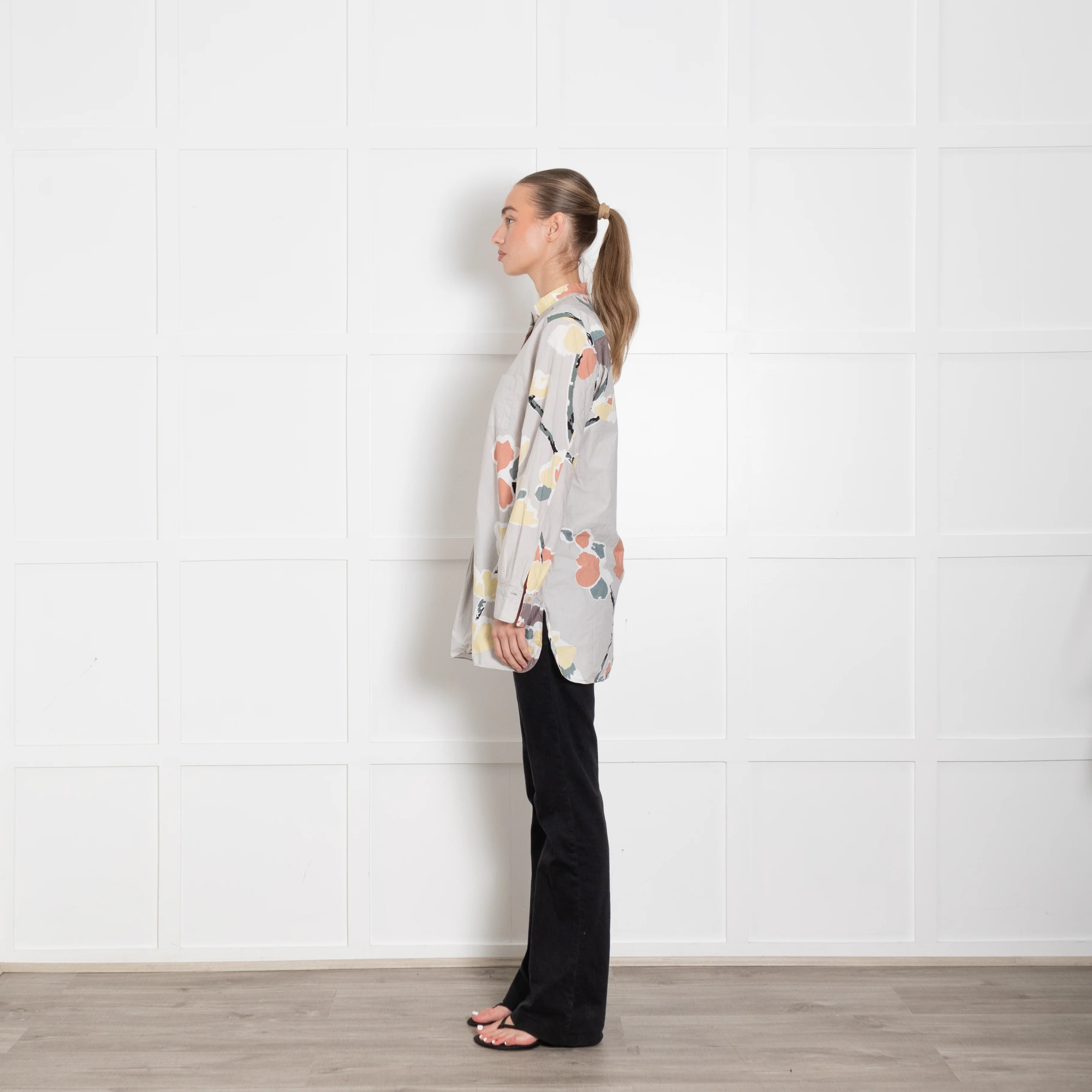 Marni Grey Orange Yellow Abstract Flower Print Cotton Shirt - Image 4