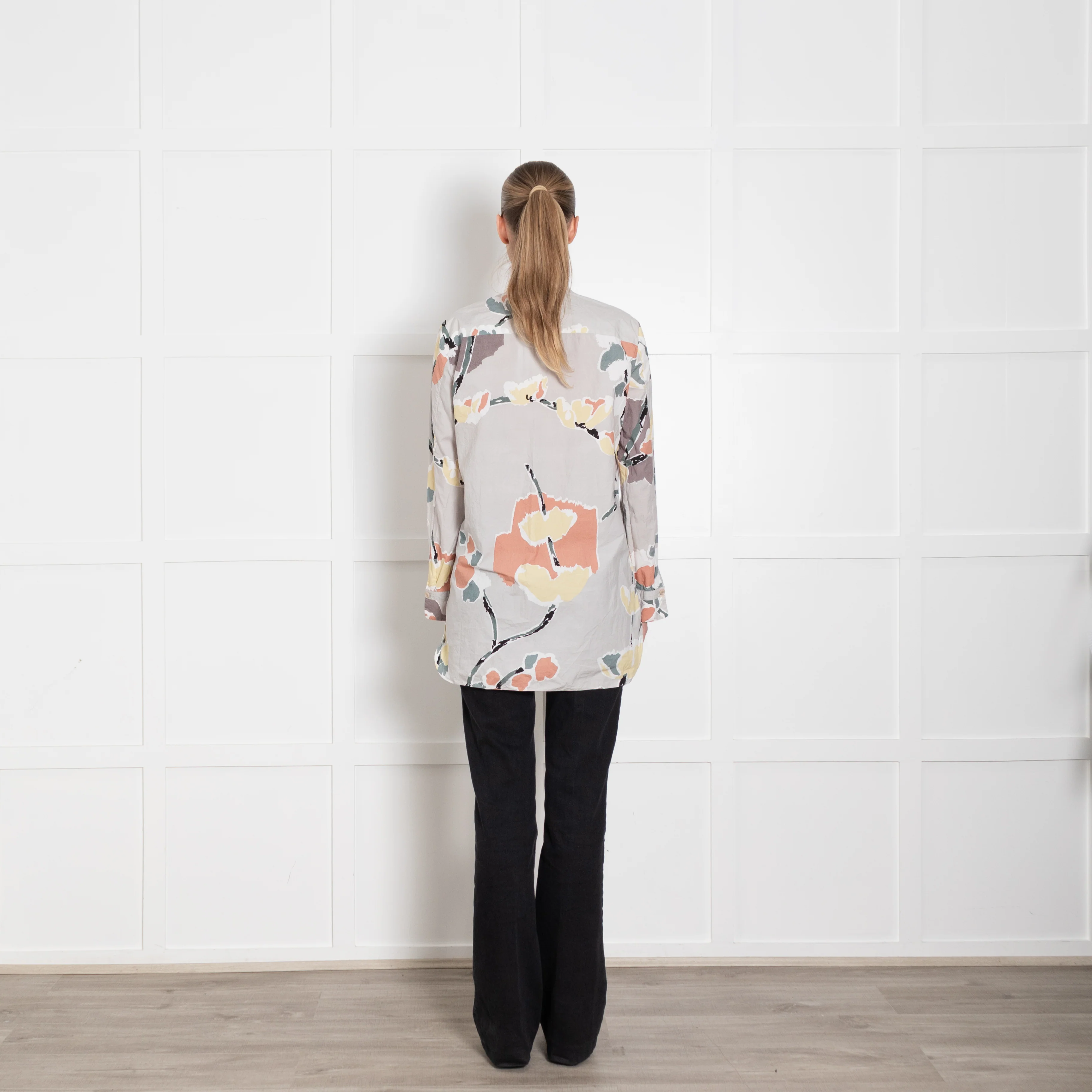 Marni Grey Orange Yellow Abstract Flower Print Cotton Shirt - Image 5