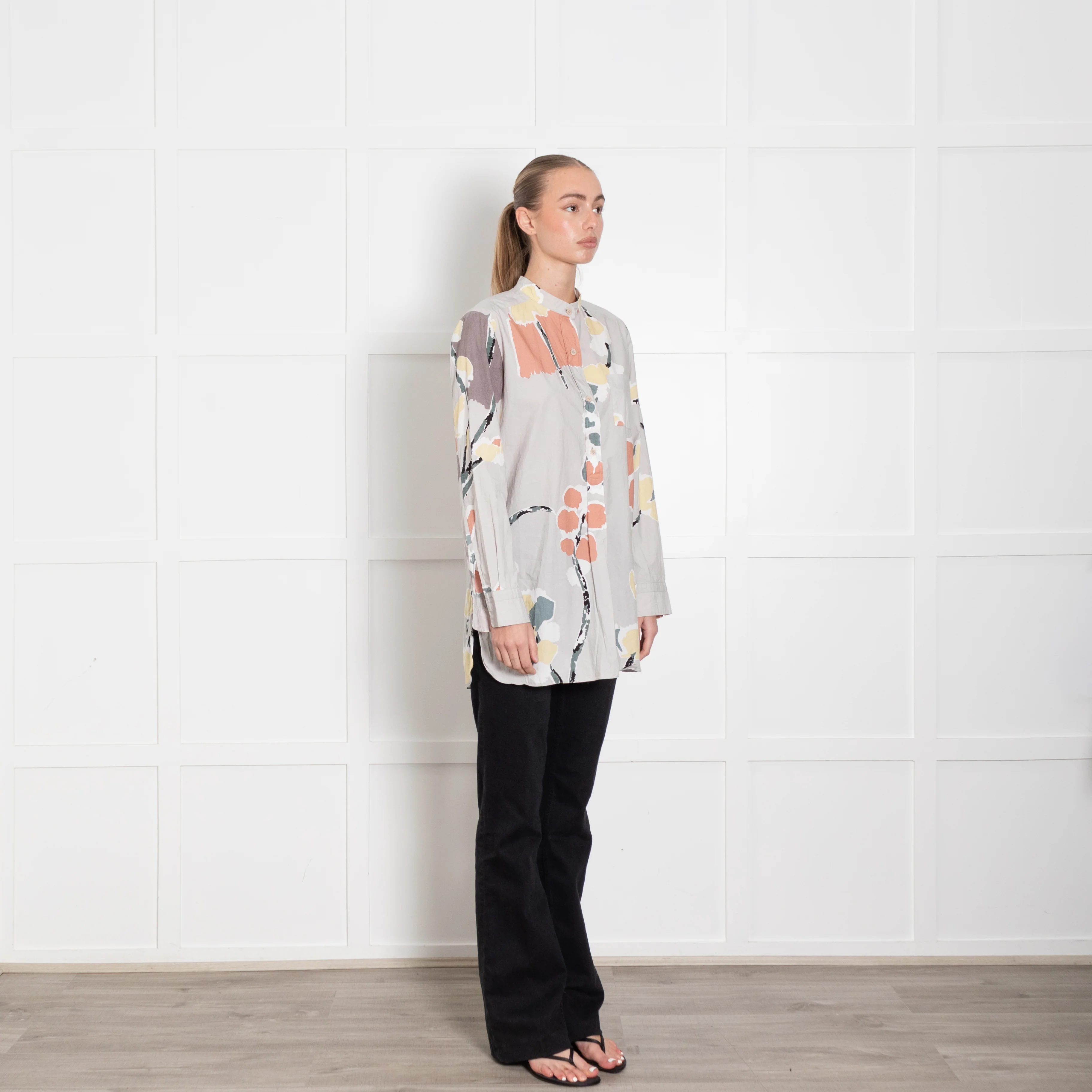 Marni Grey Orange Yellow Abstract Flower Print Cotton Shirt - Image 7