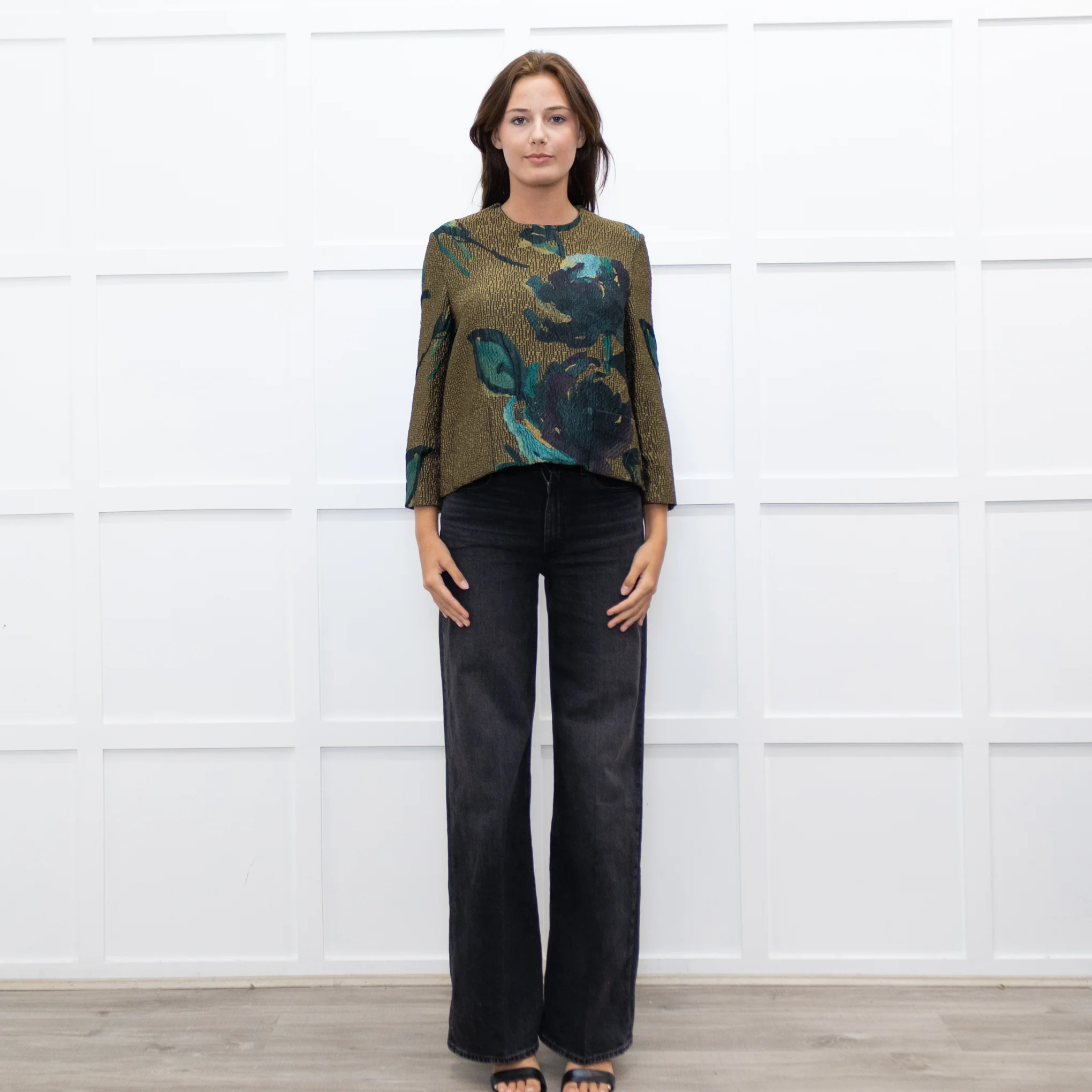 Marni Khaki Blue Floral Textured Front Pocket Top