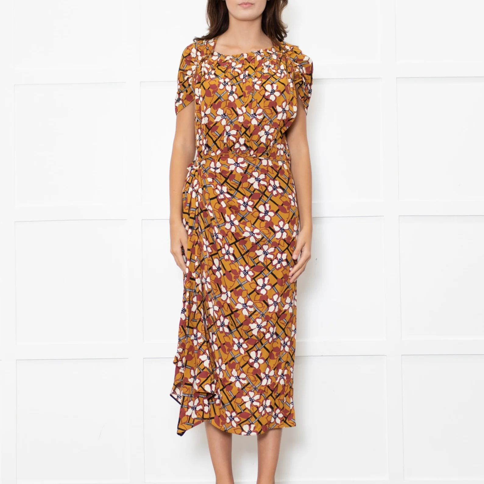 Marni Mustard Cream Floral Ruched Side Detail Midi Dress - Image 2