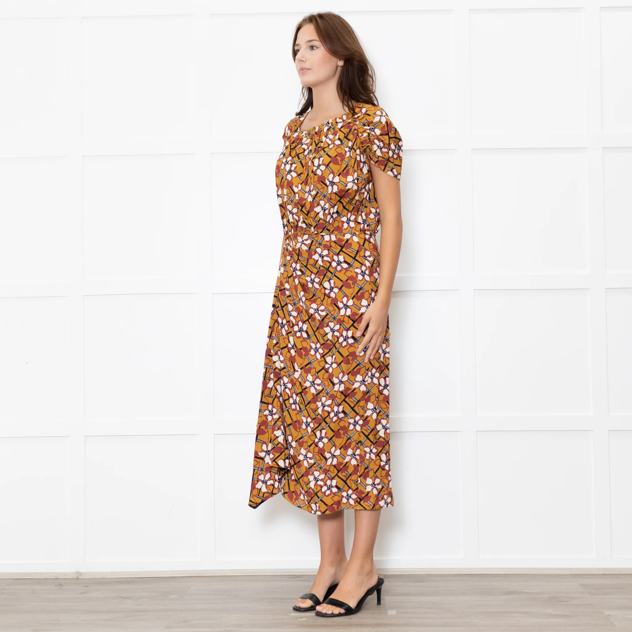 Marni Mustard Cream Floral Ruched Side Detail Midi Dress - Image 3