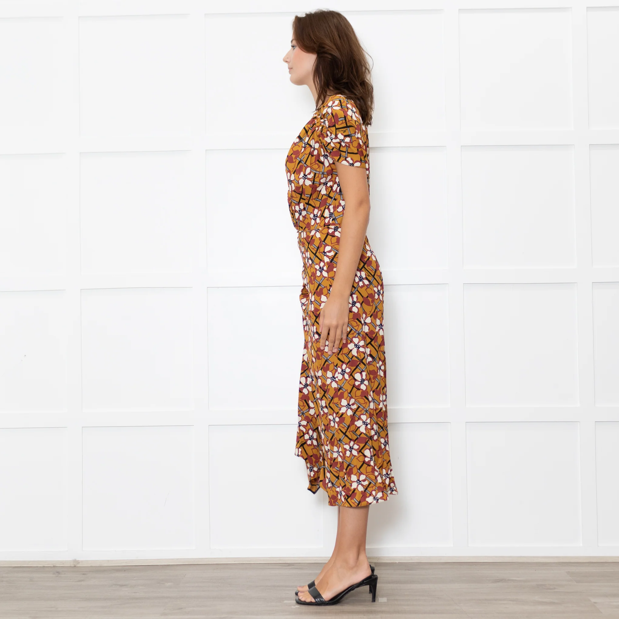 Marni Mustard Cream Floral Ruched Side Detail Midi Dress - Image 4